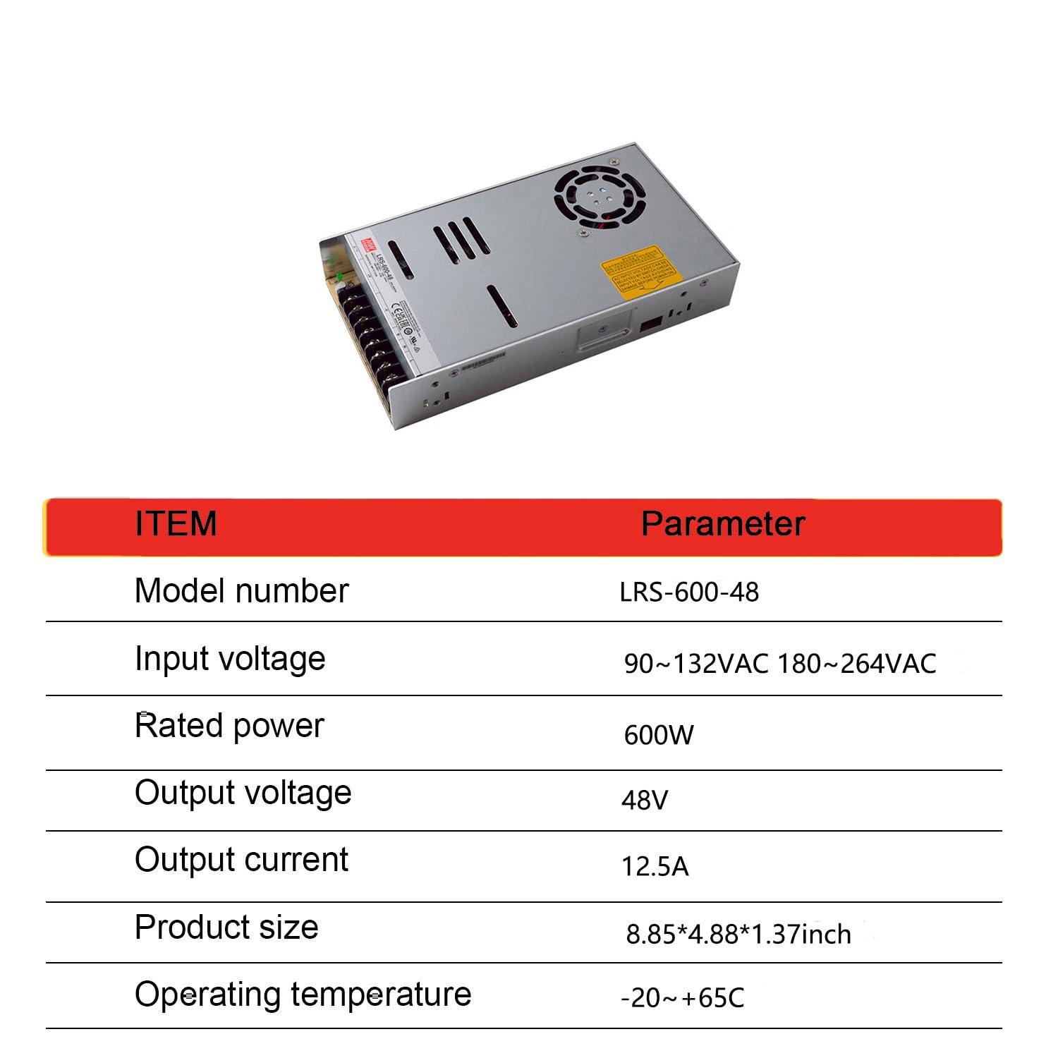 Generic Mean Well LRS-600-48 48V 600W Single Output Switching Power Supply, 90-302VAC/255-370VDC Input, 12.5A, 1U Low Profile, 5G Vibration Resistant, Industrial Automation, UL/BS/IEC 62368-1 Certified