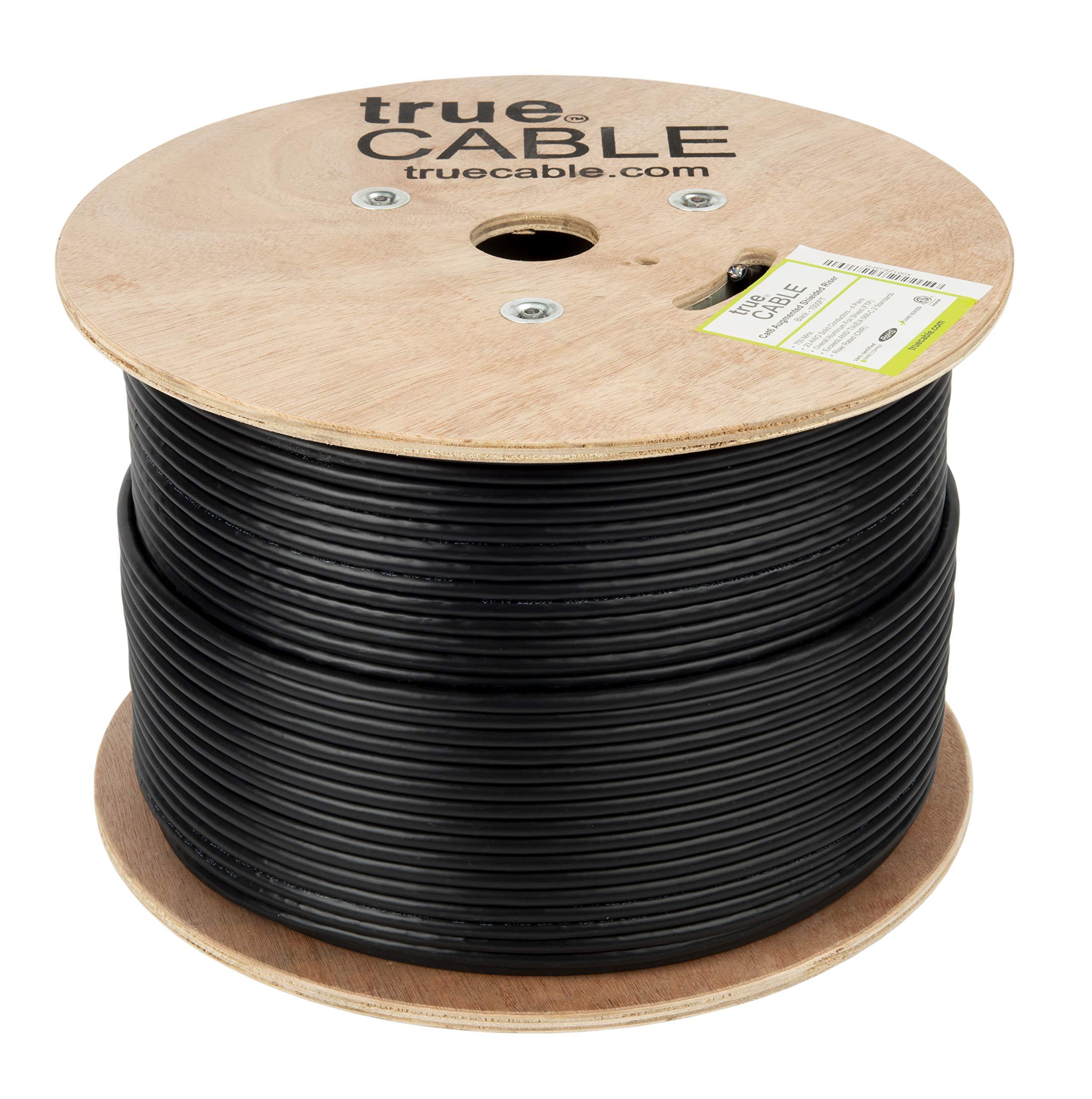 TRUE CABLE trueCABLE Cat6A Shielded Riser (CMR), 1000ft, Black, 23AWG Solid Bare Copper, 750MHz, PoE++ (4PPoE), ETL Listed, Overall Aluminum Foil Shield (F/UTP), Bulk Ethernet Cable