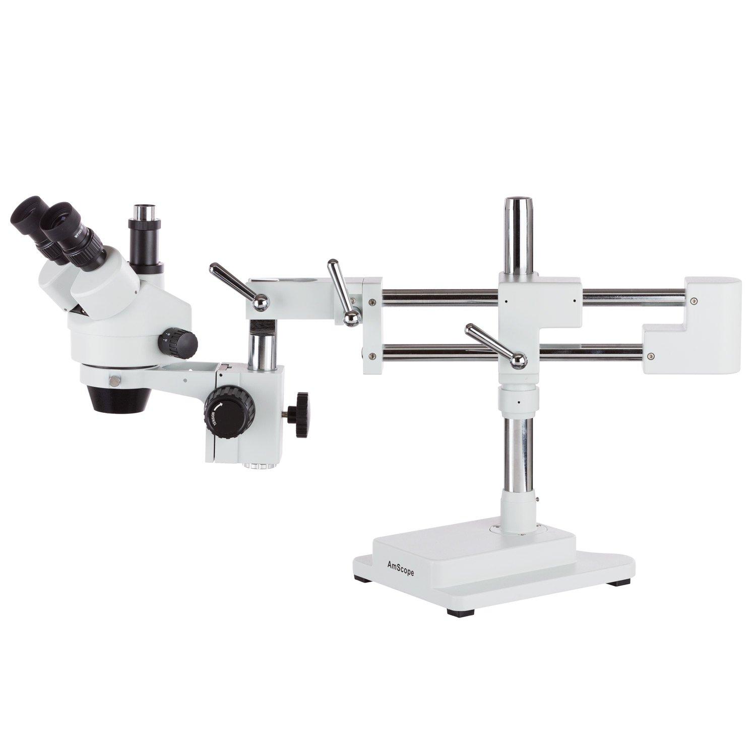 AmScope AmScope 3.5X-90X Zoom Stereo Trinocular Microscope on Dual-Arm Boom Stand with LED Fiber Optic Ring Light