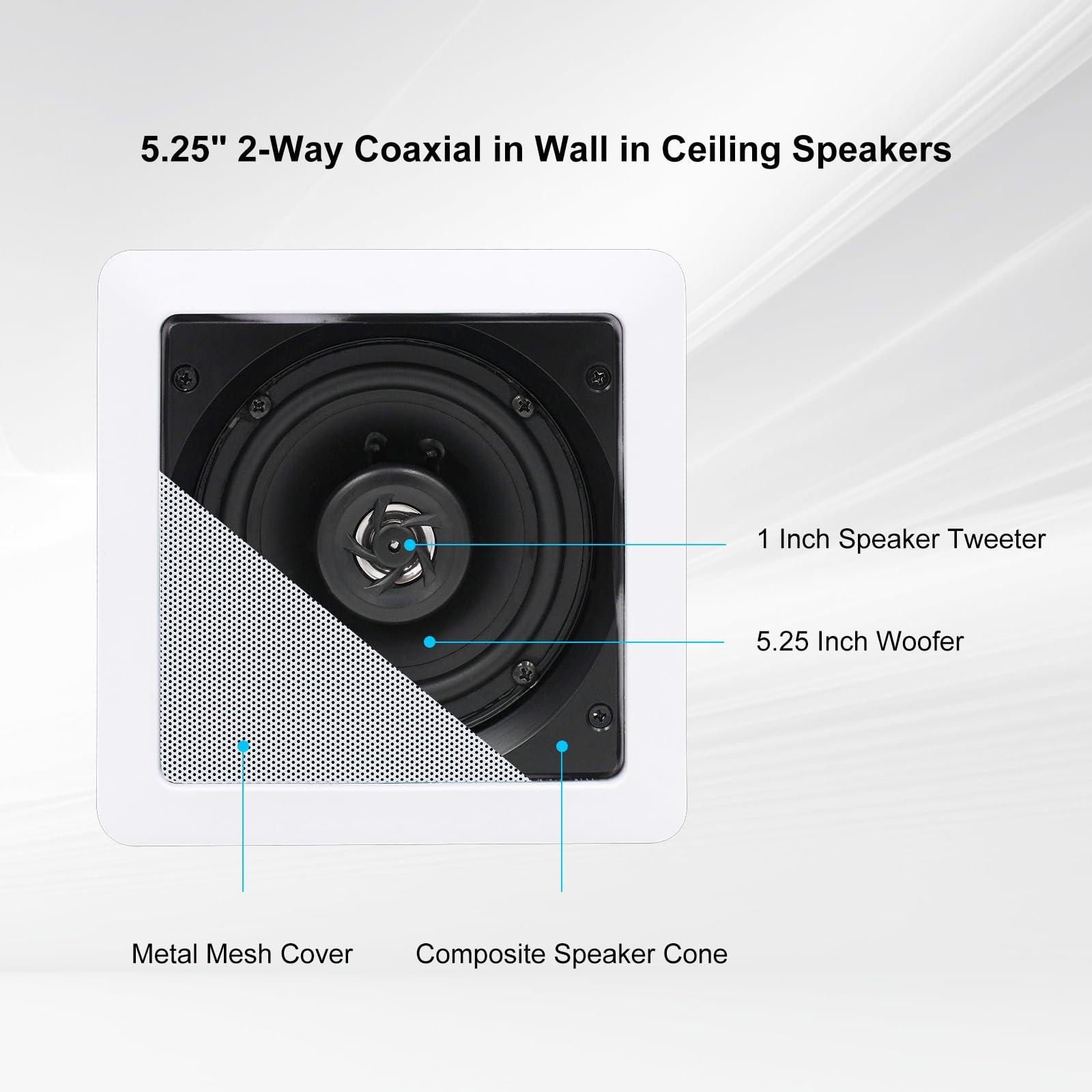 Herdio Herdio 5.25 Inches 2-Way Bluetooth Ceiling Speakers with 4 Channel Wall Amplifier, 320W Square in Wall Speaker System for Home Theater Office Kitchen, 2 Pairs