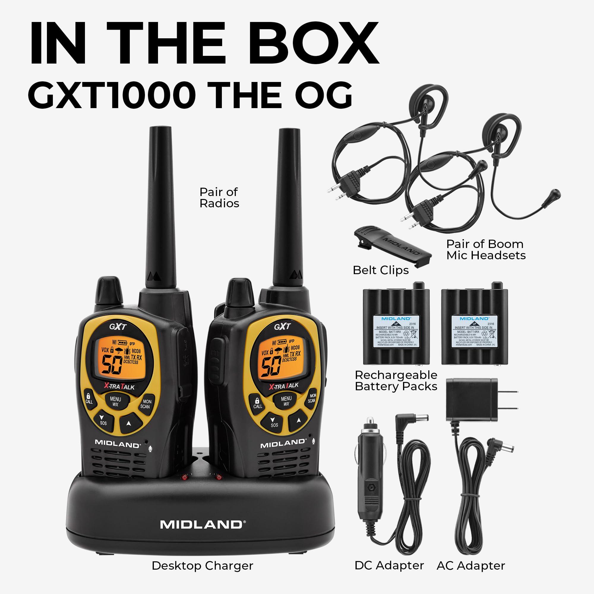 Midland Consumer Radio Midland GXT1030VP4 GMRS Two-Way Radio (50-Channel, Long Range, 142 Privacy Codes, SOS, NOAA, Rechargeable Nickel Battery, Black/Yellow, 2-Pack)