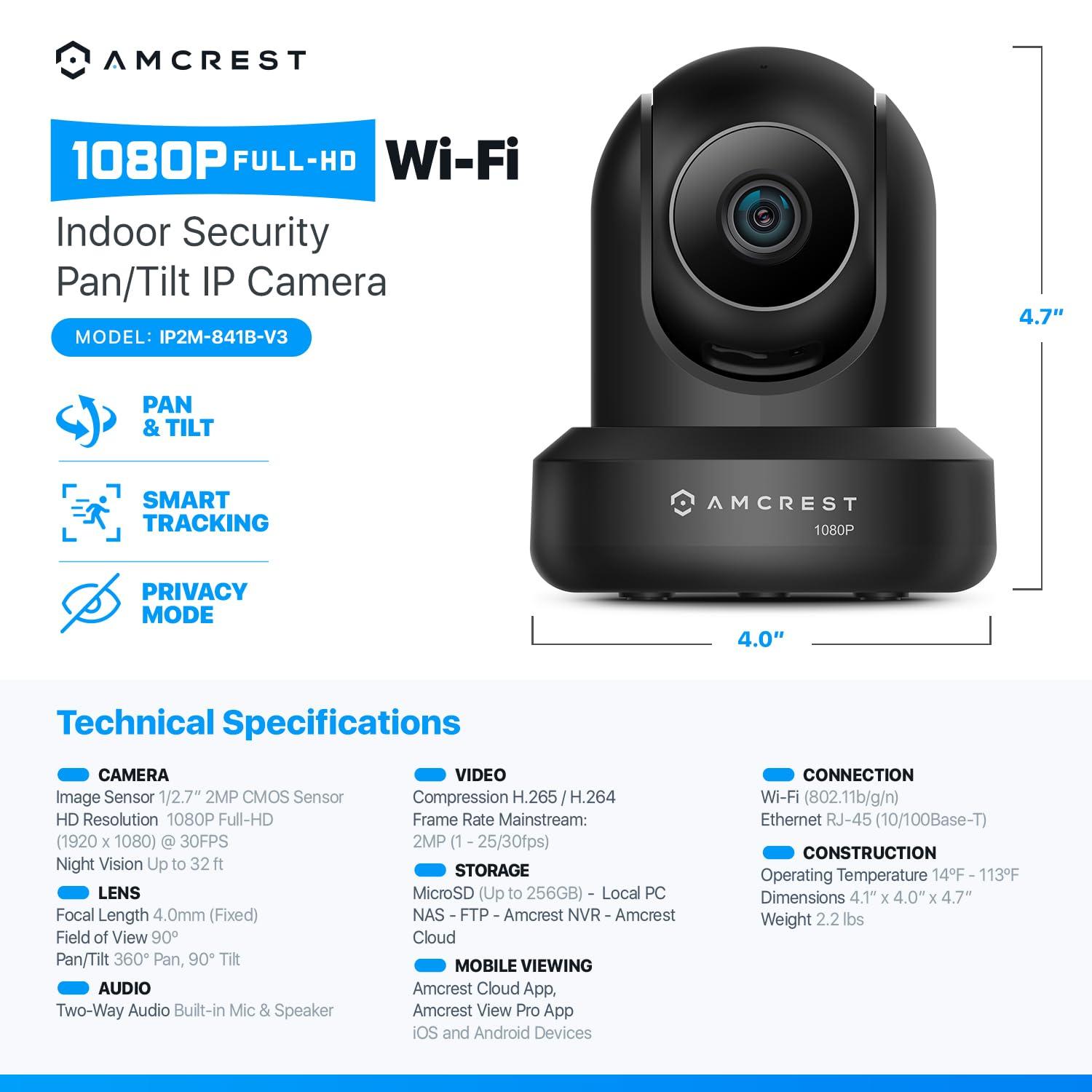 Amcrest Amcrest ProHD 1080P WiFi Camera 2MP (1920TVL) Indoor Pan/Tilt Security Wireless IP Camera IP2M-841B (Black)