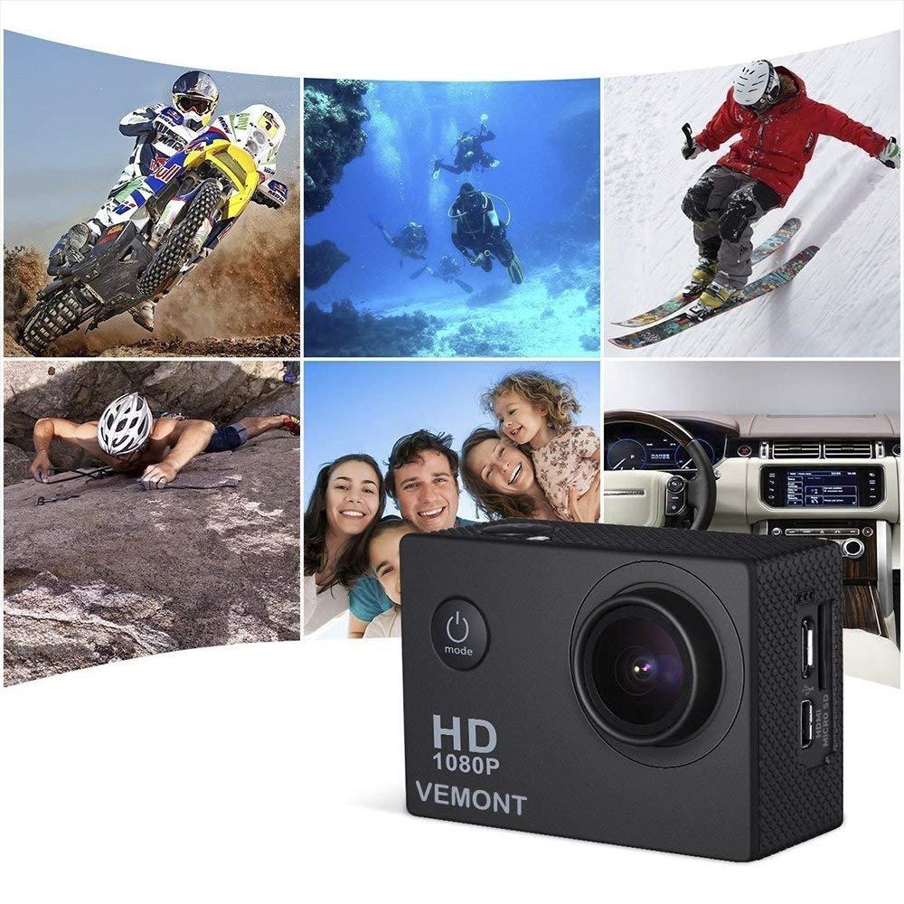 VEMONT VEMONT Action Camera, 1080P 12MP Sports Camera Full HD 2.0 Inch Action Cam 30m/98ft Underwater Waterproof Snorkel surf Camera with Wide-Angle Lens and Mounting Accessories Kit
