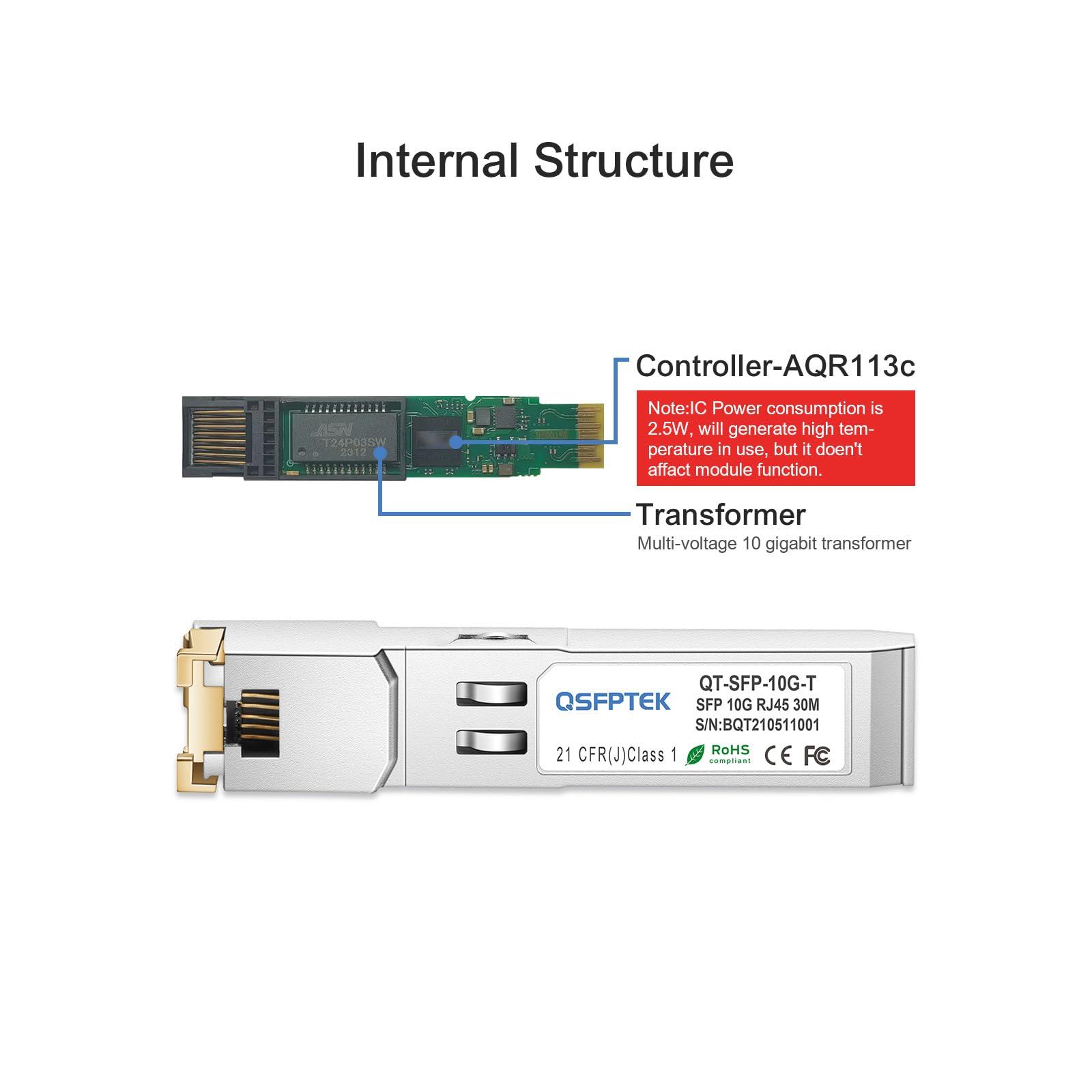 QSFPTEK 10GBASE-T SFP+ to RJ45 Transceiver, 10G Ethernet Copper Module, Optical SFP RJ 45 10Gb T Mini-GBIC Compatible with Cisco SFP-10G-T-S, Ubiquiti UF-RJ45-10G, Mikrotik, Supermicro, Fortinet, up to 30m