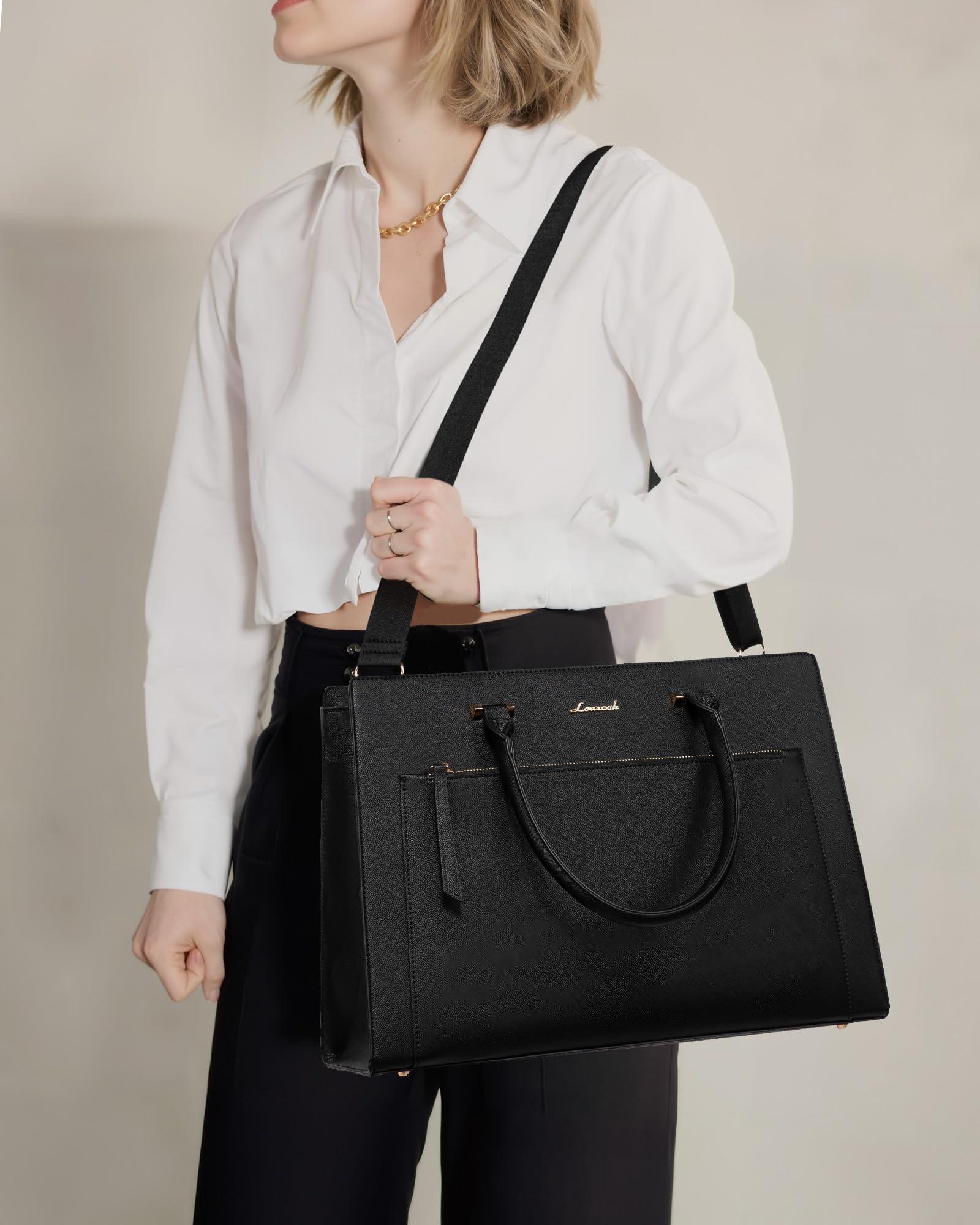 LOVEVOOK LOVEVOOK Laptop Bag for Women 15.6 Inch Black Tote Work Bag Leather Computer Briefcase Waterproof Business Teacher Office Bag Handbag with Small Clutch