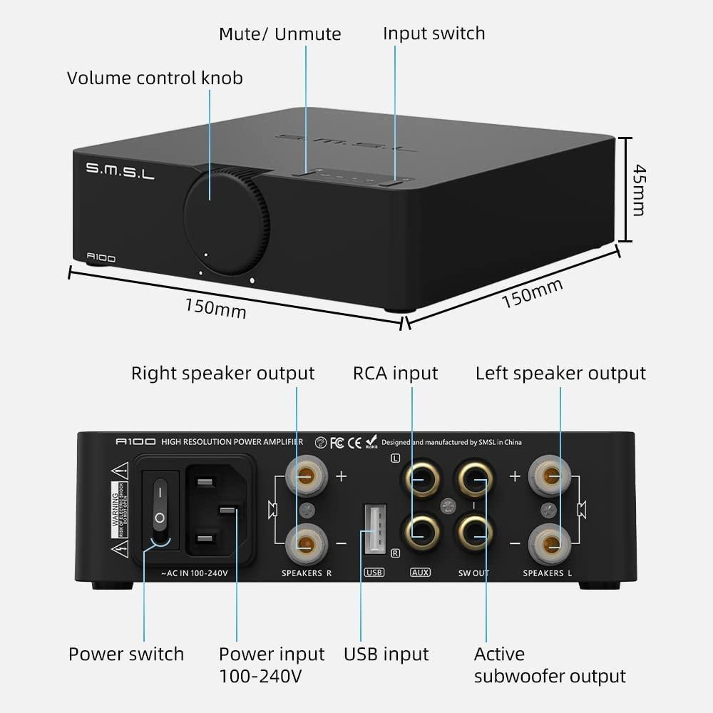 S.M.S.L SMSL A100 Amplifier Home Audio, Stereo Amplifier Uses Infineon's Power Amplifier Chip MA12070, 2 * 80W Output Power, USB Multi-Device Support, Bluetooth 5.0 with Circuit Protection