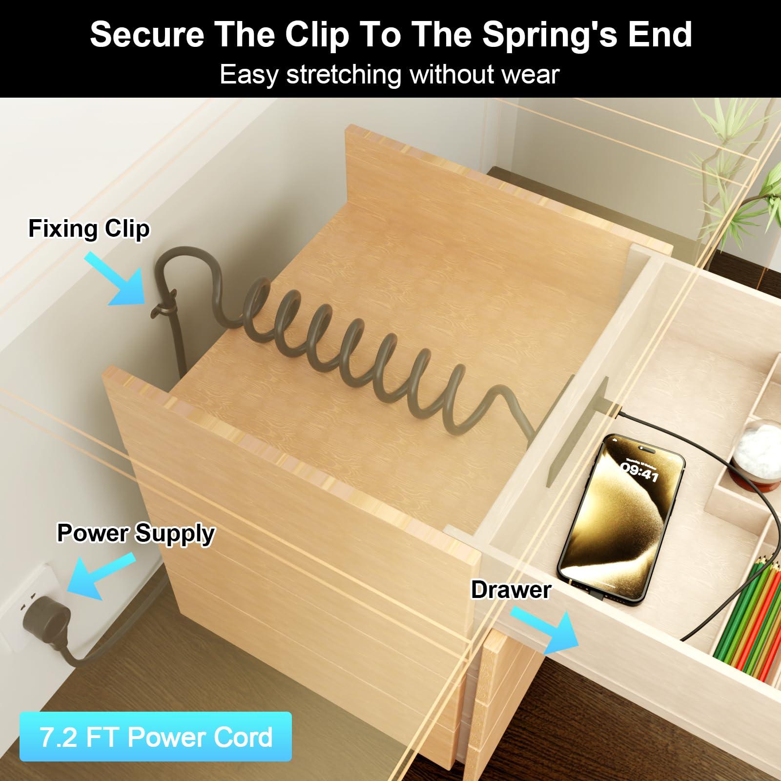 OELFFOW Drawer Outlet Kit, Recessed Furniture Power Strip, PD 20W Fast Charging Horizontal Outlet, Clutter-Free Drawer Socket with 2 USB(A & C) and 3 12 Amp AC Ports, 7.2 FT Power Cord, Spring Cable