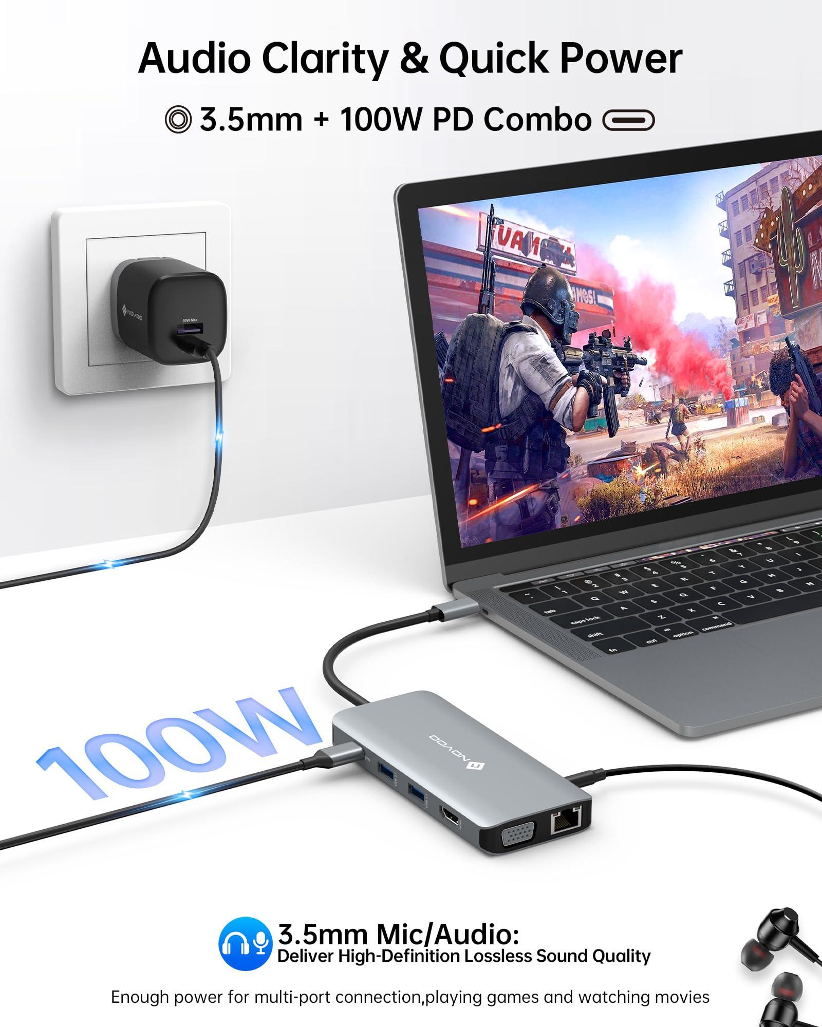 NOVOO NOVOO USB C Hub, 11-in-1 Docking Station Multiport Adapter with 4K USB C to HDMI, VGA, Gigabit Ethernet, 100W PD, 3 USB-A 5 Gbps, MicroSD/SD Card Reader, Dock for Most Type-C Devices