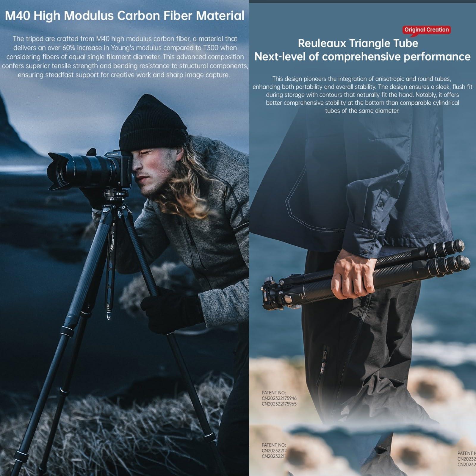 EACHSHOT Falcam TreeRoot F38 Pro 61" Carbon Fiber Tripod,Quick Lock Travel Tripod Capacity 5kg/11lbs with 1/4" Screw,Carry Strap Holes for Cameras