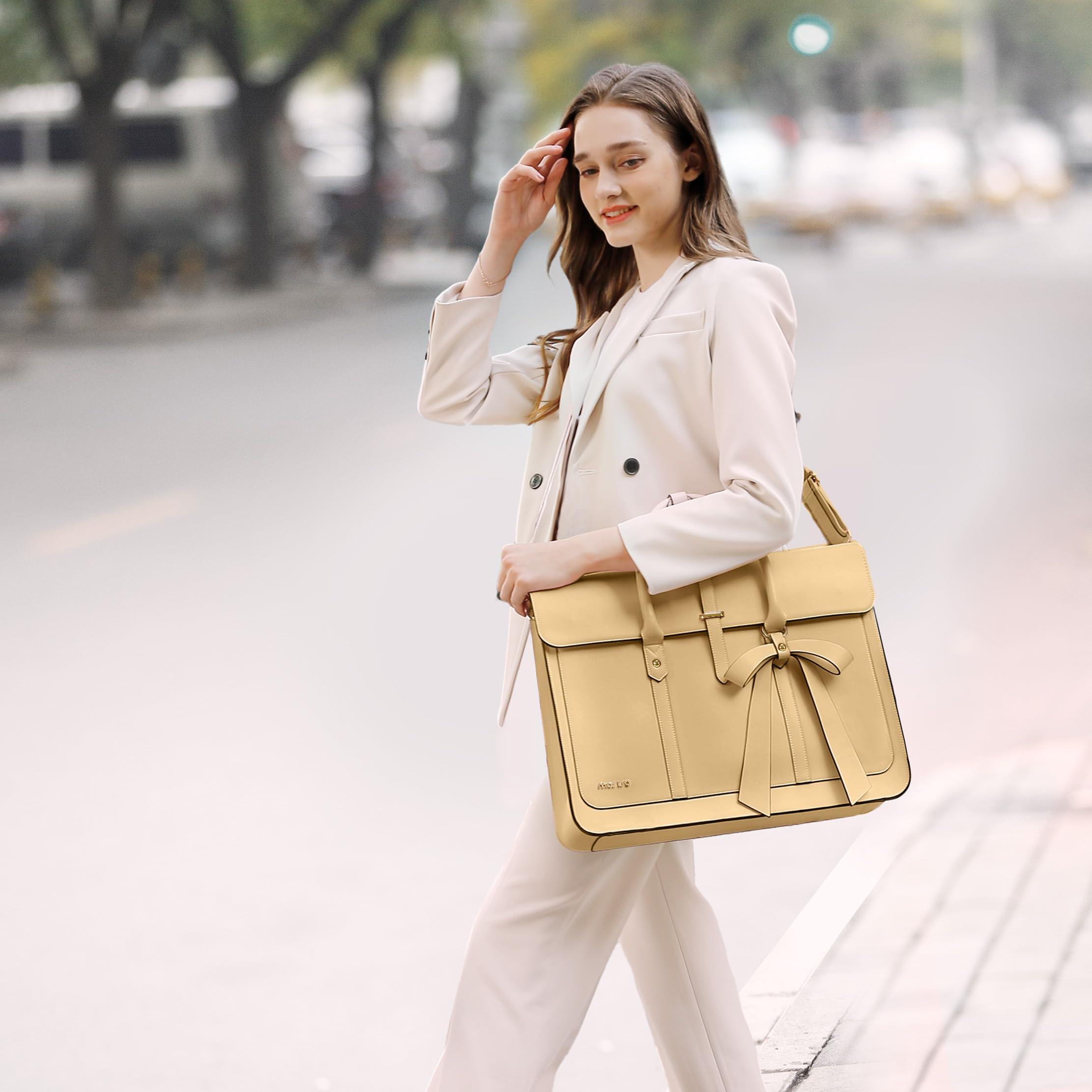 MOSISO MOSISO Laptop Bag for Women, 15-15.6 inch PU Leather Laptop Shoulder Bags Convertible Backpack, 16 inch Messenger Bags Casual Handbag Work Briefcase Travel Computer Bag with Bowknot, Turmeric