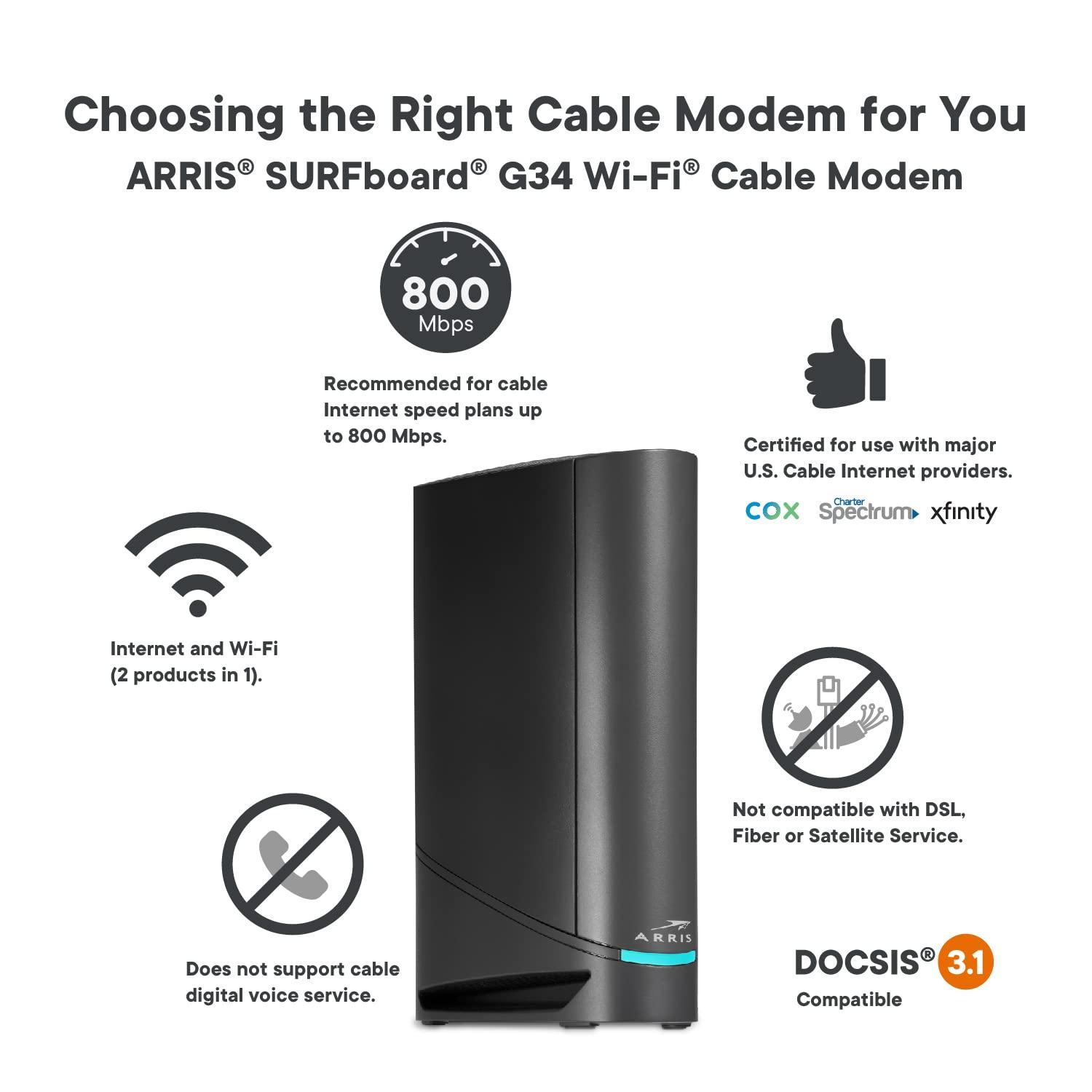 ARRIS ARRIS Surfboard G34 DOCSIS 3.1 Gigabit Cable Modem & AX3000 Wi-Fi 6 Router, Approved for Cox, Spectrum, Xfinity & Others (Renewed) black