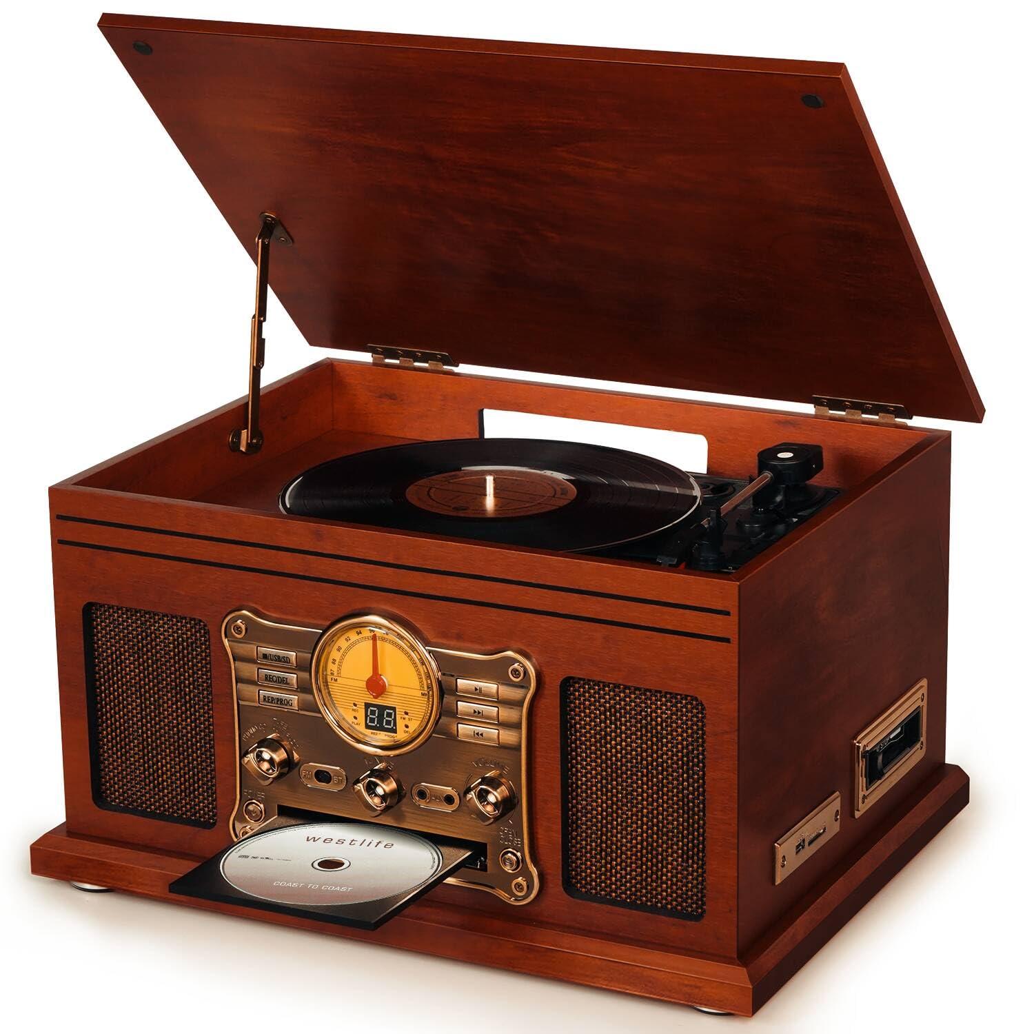 FEKTIK FEKTIK Bluetooth Record Player 10 in 1, 3-Speed Turntable for Vinyl with Speakers, LP to MP3 Converter, CD, Cassette Player, FM Radio, Wireless Streaming | Mahogany