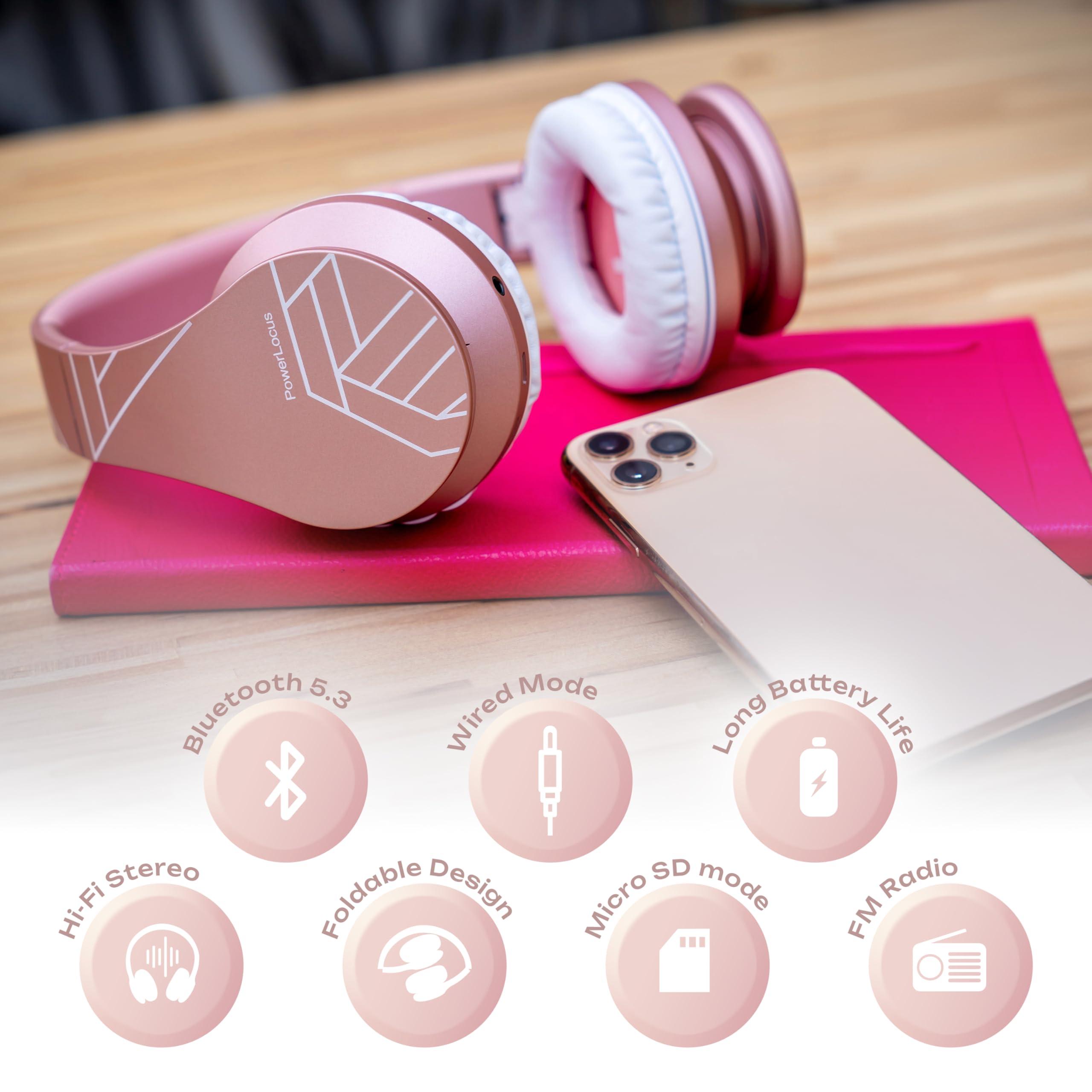 PowerLocus PowerLocus Wireless Bluetooth Over-Ear Stereo Foldable Headphones, Wired Headsets Rechargeable with Built-in Microphone for iPhone, Samsung, LG, iPad (Rose Gold PL Collection)