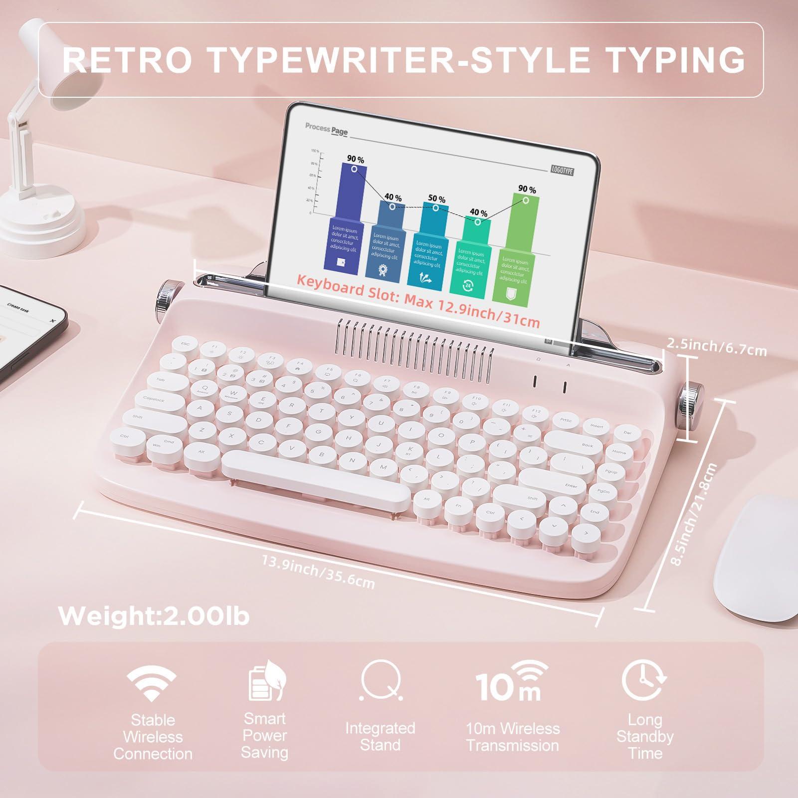 YUNZII YUNZII ACTTO B303 Wireless Typewriter Keyboard, Bluetooth Connection, Cute Retro Aesthetic Design with Integrated Stand for Tablet, Phone, PC and Win/Mac/Android(B303, Baby Pink)