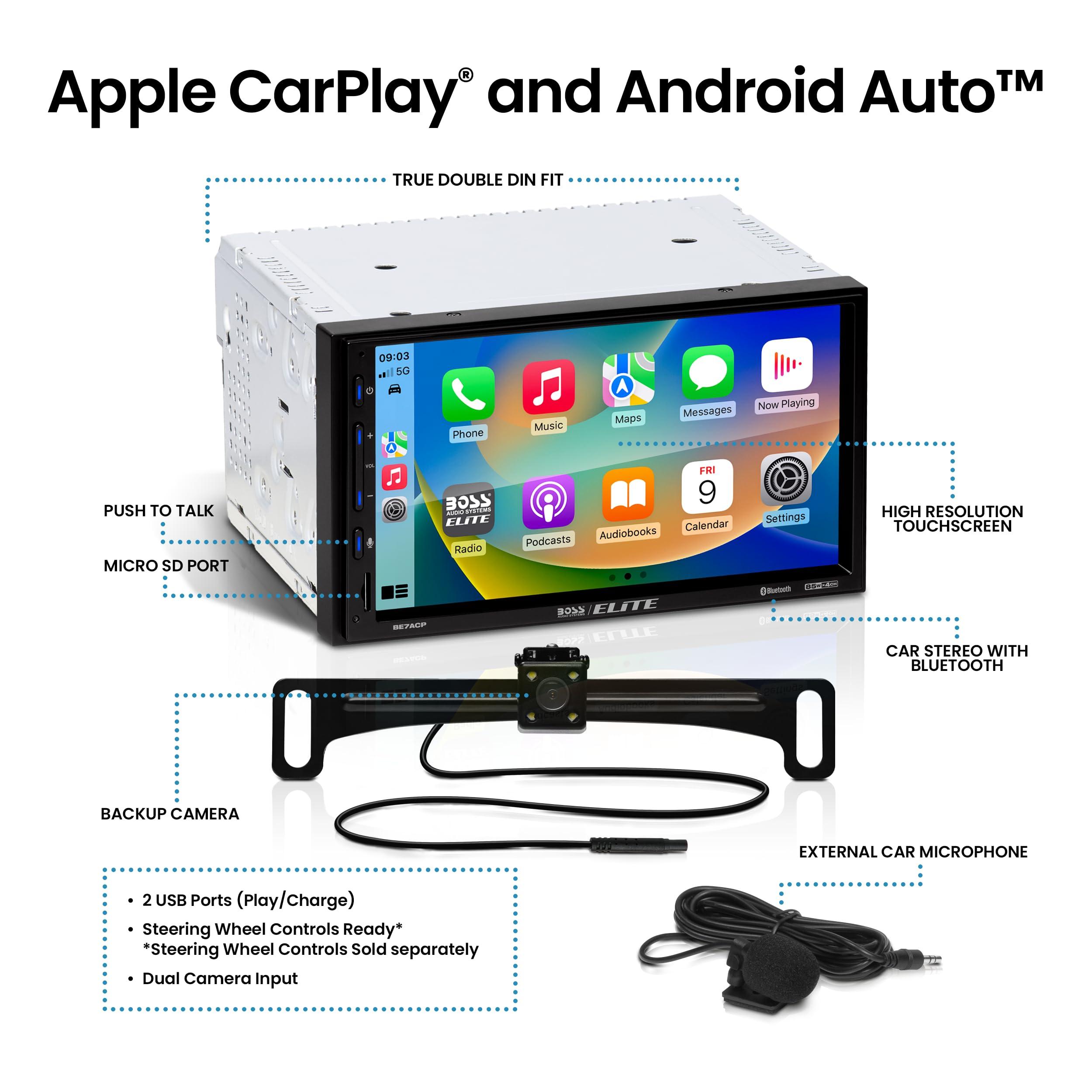 BOSS Audio Systems BOSS Audio Systems Elite BE7ACP-C Car Stereo - 7\" Display, Apple CarPlay & Android Auto Head Unit, Double DIN Touch Screen Car Stereo, Bluetooth, AM/FM Radio Receiver, USB, SD, Backup Camera
