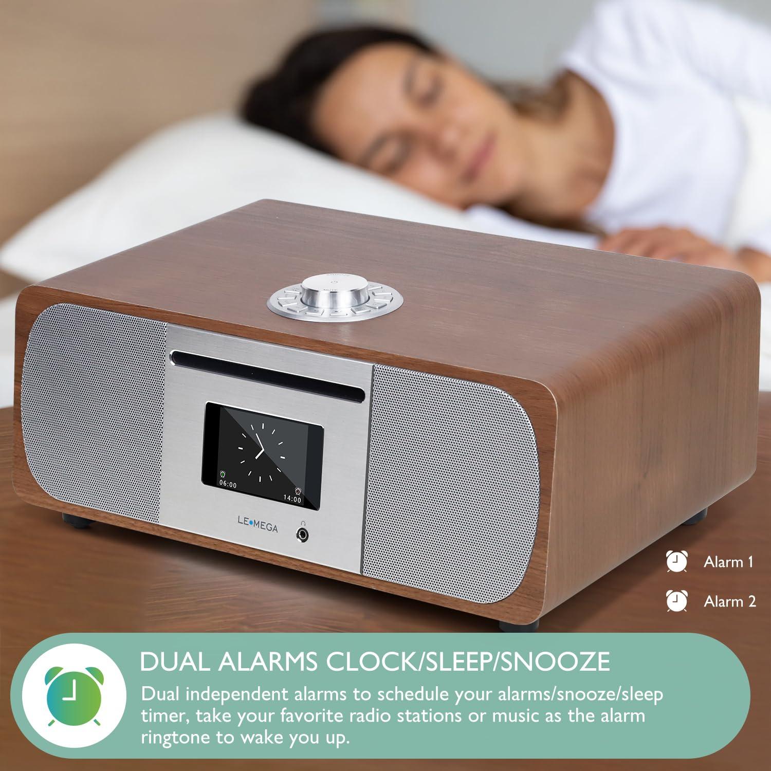 LEMEGA LEMEGA M5P Internet Radio with CD Player for Home, WiFi Radio, FM Digital Radio, Bluetooth Speaker, Spotify Connect,35W Home Stereo System,USB Player,Dual Alarms Clock, OKTIV APP Control-Dark Walnut