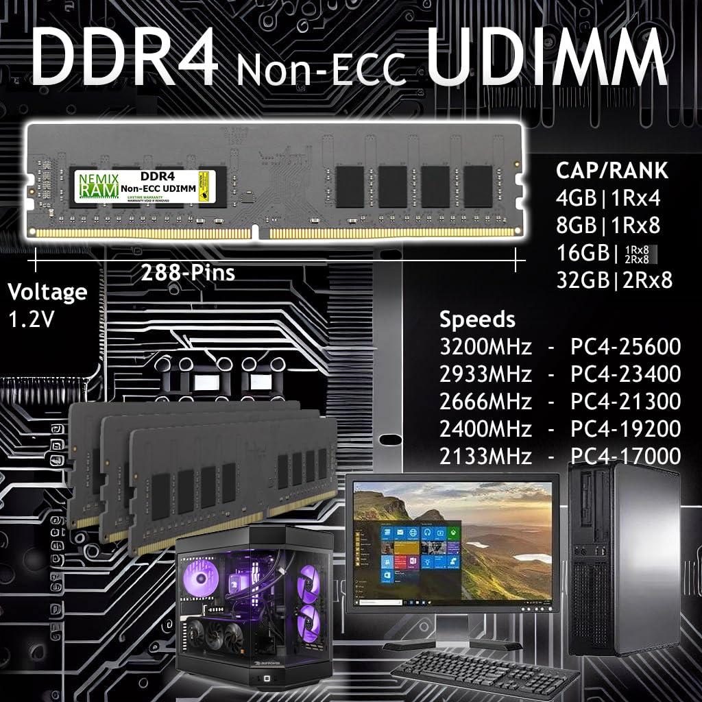 NEMIX RAM NEMIX RAM 32GB (2X16GB) DDR4 2666MHZ PC4-21300 2Rx8 1.2V 288-PIN Non-ECC Unbuffered UDIMM Desktop PC Memory Unbuffered PC Memory KIT
