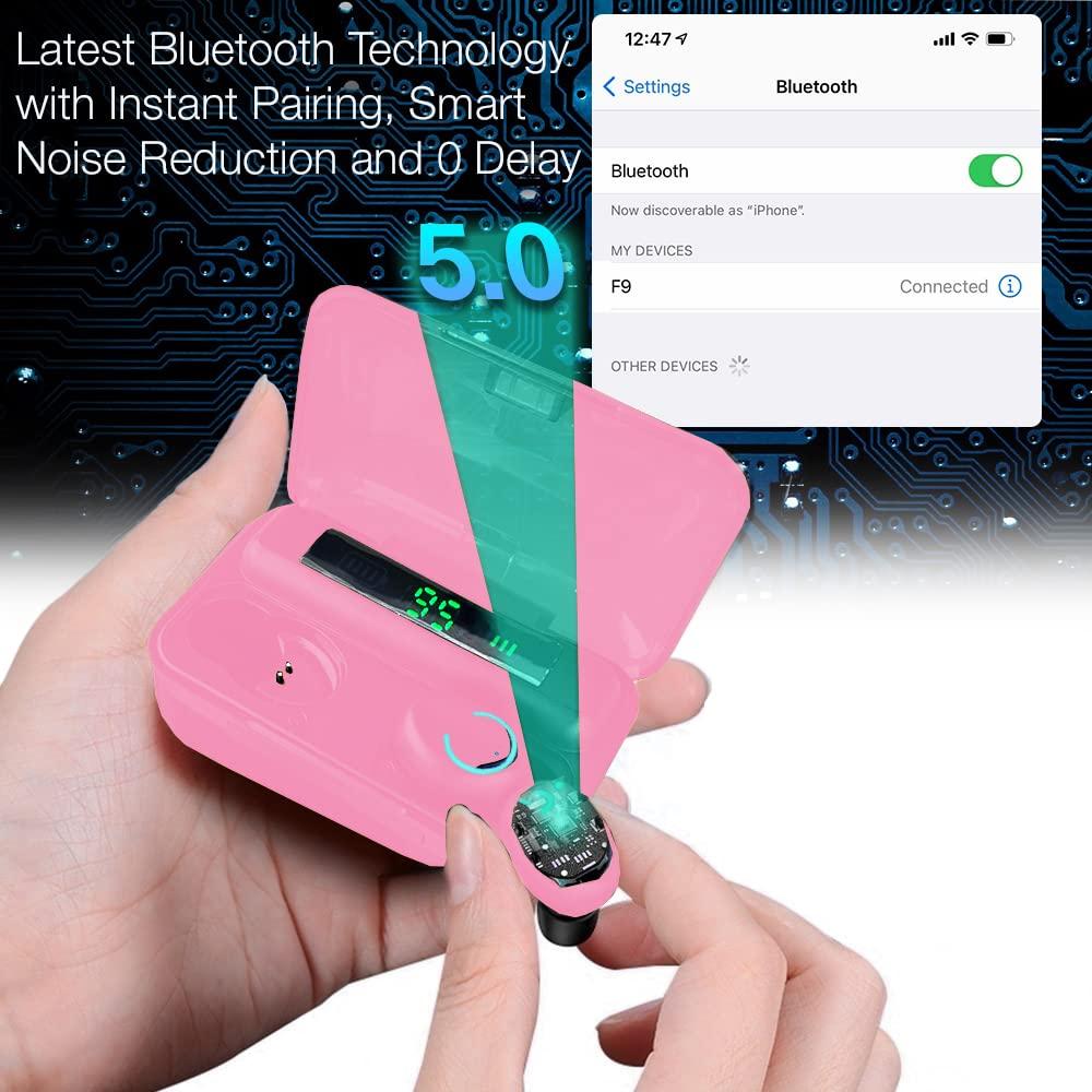 eDealz eDealz 5.0 IPX7 Waterproof Earbud Headphones with Microphone, Rechargeable Smart Charging Case Powerful Surround Stereo Bass and Passive Noise Cancelling (Pink)