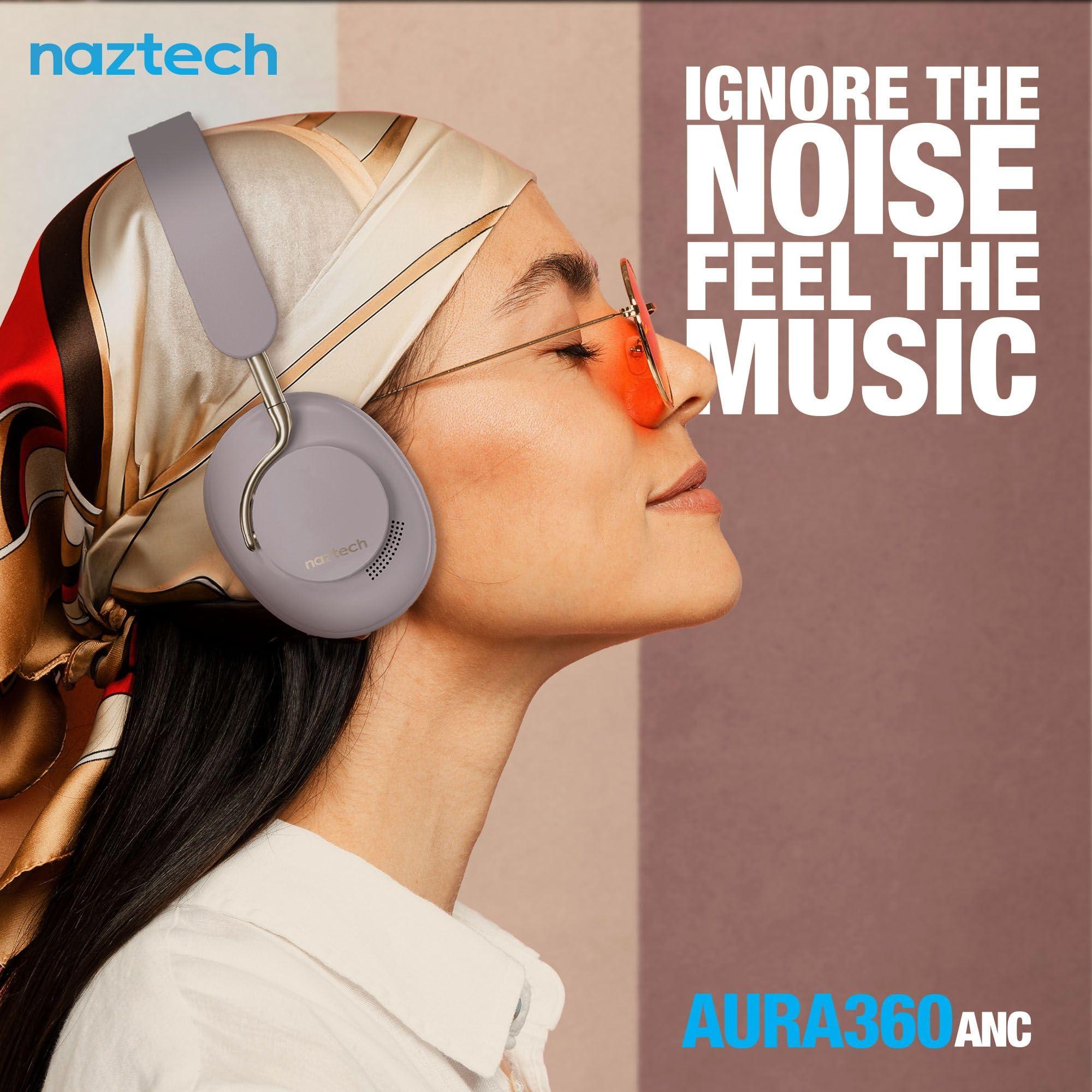 Naztech Naztech Aura 360 Moondust 24HR ANC Over Ear Headphone Wireless, Noise Cancelling Headphones Over Ear, Bluetooth Headphone Gym, Active Noise Cancelling Head Phones, Multipoint Connection Dual Voice Mic