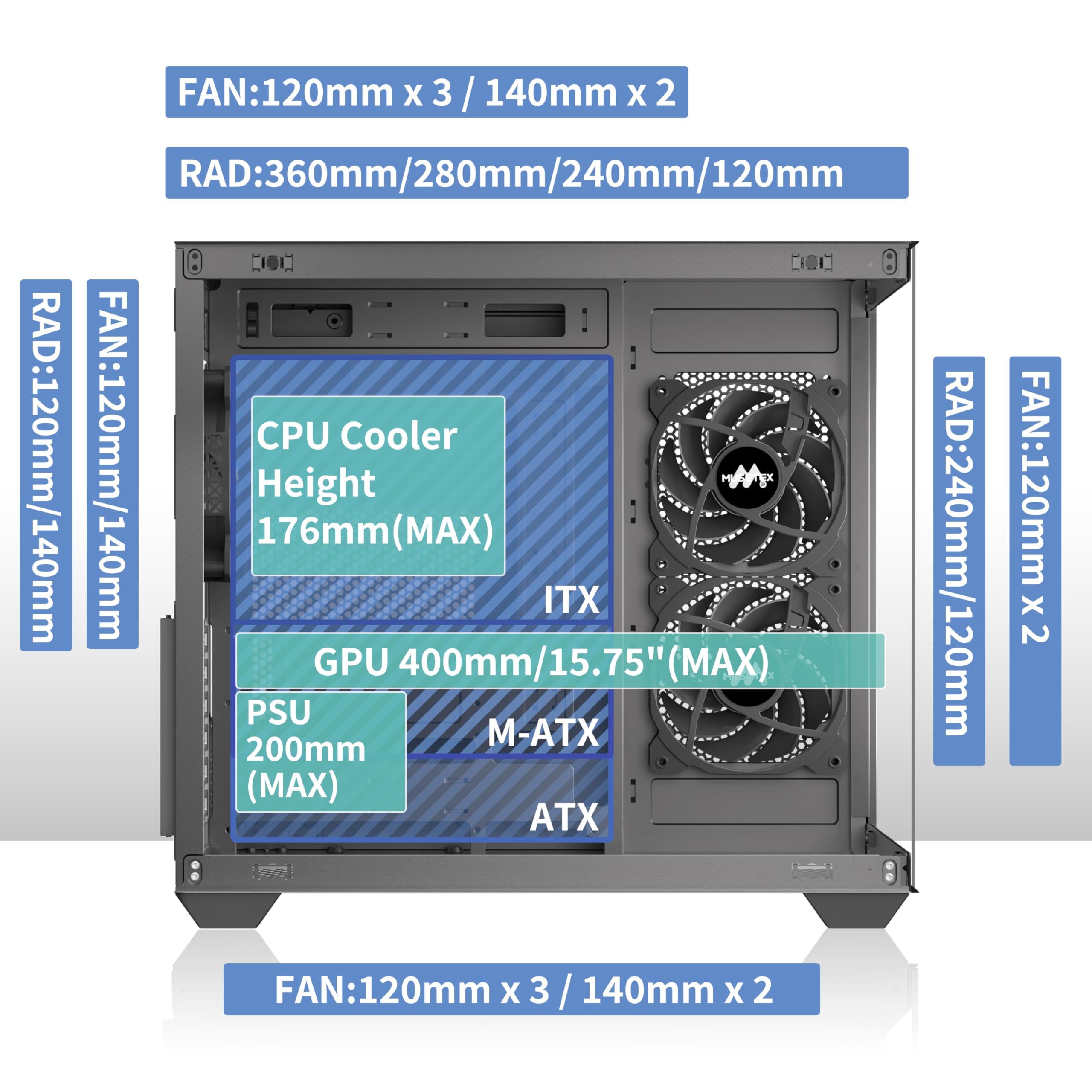 MUSETEX MUSETEX ATX PC Case, 3 x 120mm Fans Pre-Installed, 360MM RAD Support, 270 Full View Tempered Glass Gaming PC Case with Type-C, Mid Tower ATX Computer Case, Black, Y6