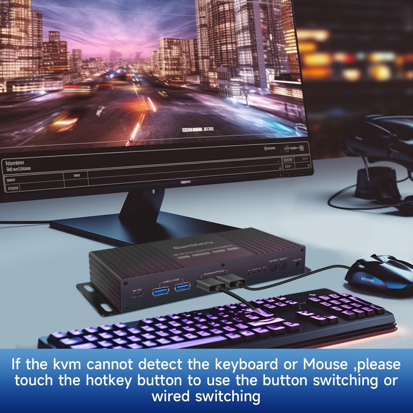 GiantMatrix Kvm Displayport Switch 2 Computers 2 Monitors 1440P 240Hz Hotkey Switching Dual Monitor kvm Switch dp 2.0 1440P 144Hz 165Hz 240hz Dual Monitor kvm Switch Displayport Thunderbolt FreeSync G-SYNC