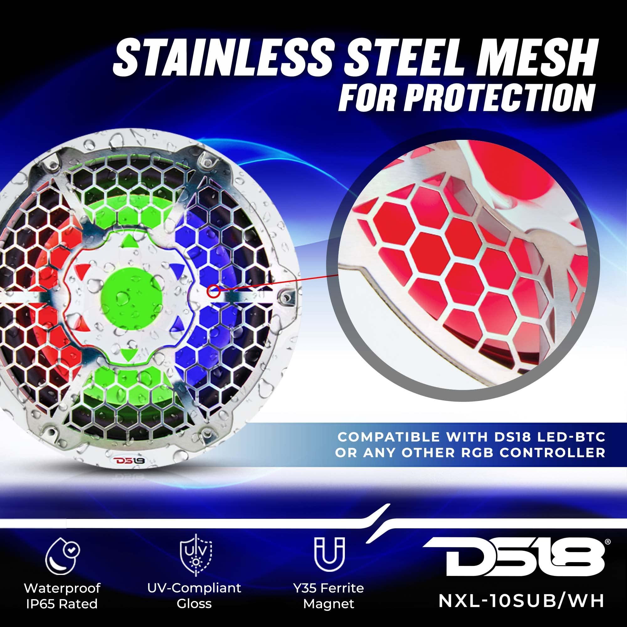 DS18 DS18 NXL-10SUB/BK Hydro 10\" Marine Subwoofer with Integrated RGB LED Lights 600W Max, 100% UV Stable, IP65 Waterproof, 4 Ohms - for All Elements, Boat, UTV, ATV & Jeeps (1 Speaker)