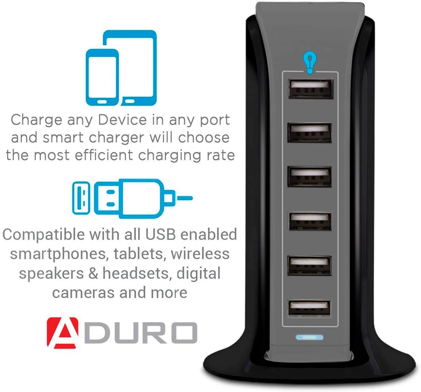 Aduro Aduro 40W 6-Port USB Desktop Charging Station Hub Wall Charger for iPhone iPad Tablets Smartphones with Smart Flow (Black/Grey)