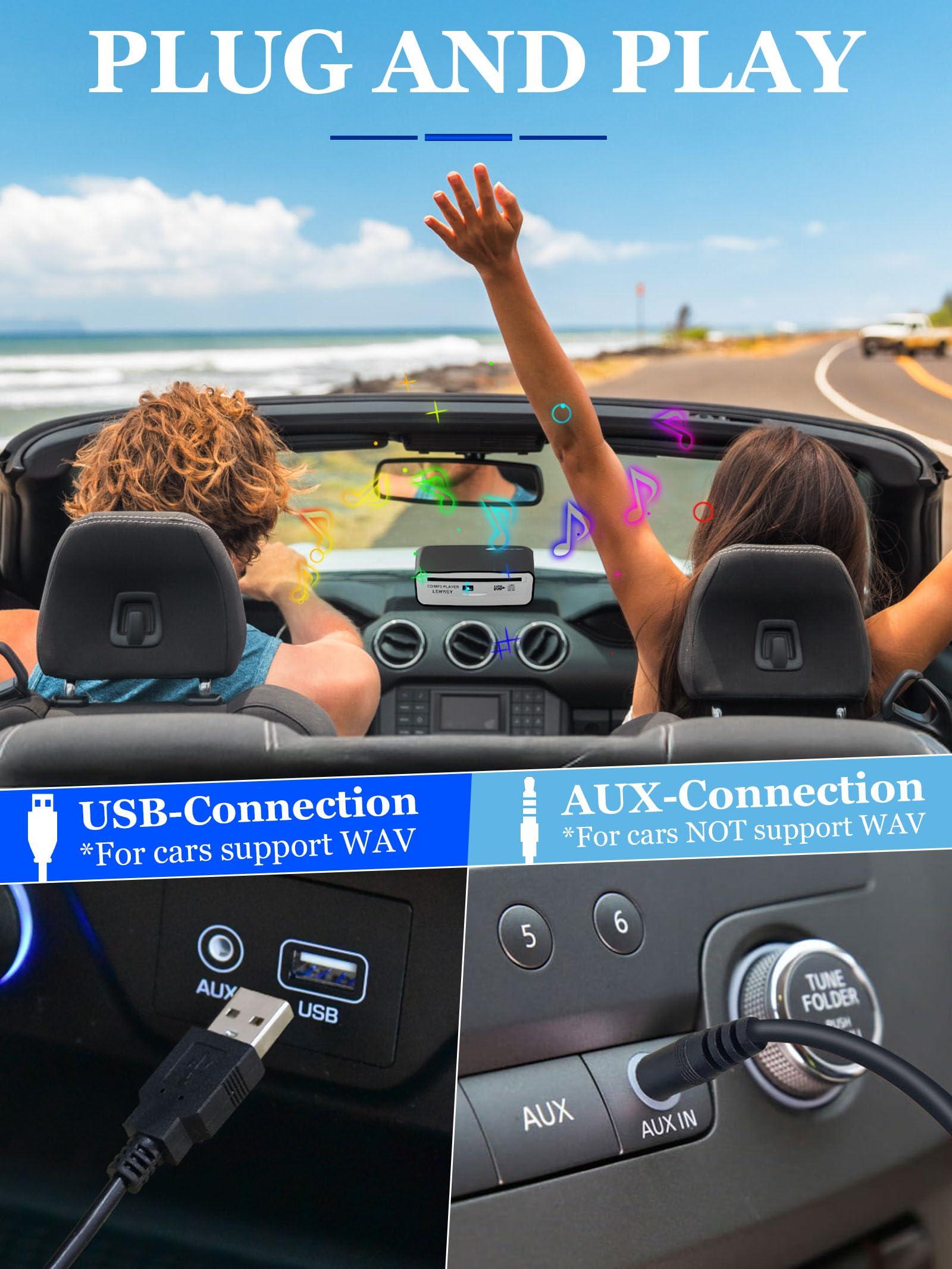 Lehwey External Universal CD Player for Car - LEHWEY Portable CD Player with Extra USB Extension Cable, Plugs into Car USB Port, Laptop, TV, Mac, Computer, for Android 4.4 and Above Navigation