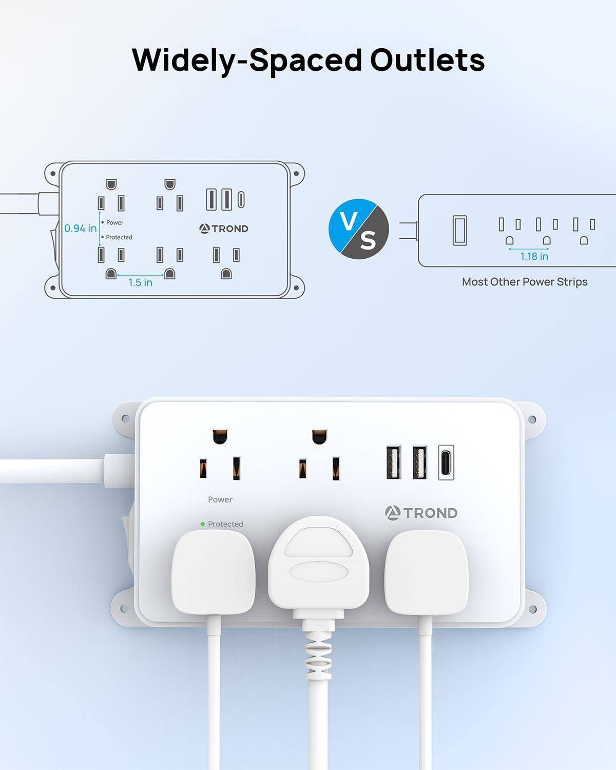 TROND TROND Power Strip with USB, Surge Protector Flat Plug with 5 Widely-Spaced Outlets and 3 USB Ports, ETL Listed, 1300J, Wall Mountable, 5ft Extension Cord, for Office Kitchen, White