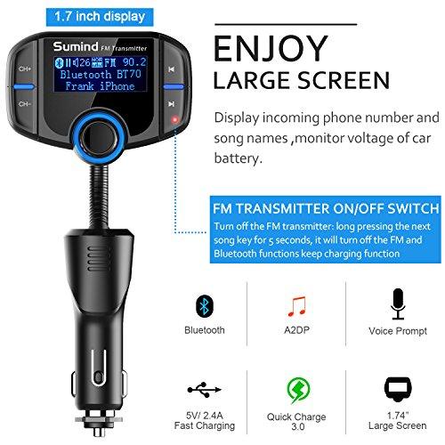 Sumind (Upgraded Version) Bluetooth FM Transmitter, Sumind Wireless Radio Adapter Hands-Free Car Kit with 1.7 Inch Display, QC3.0 and Smart 2.4A Dual USB Ports, AUX Input/Output, TF Card Mp3 Player