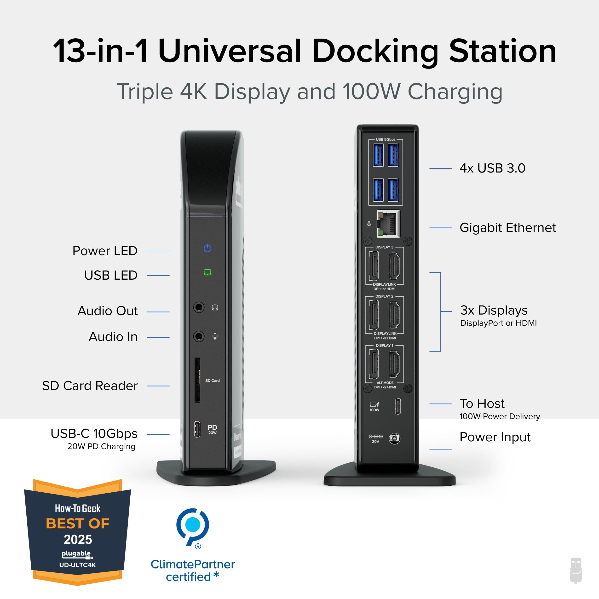 Plugable Plugable 4K Docking Station Triple Monitor with 100W Power Delivery, USB-C Dock for Thunderbolt and USB-C Windows and Mac M1 M2 M3, Driver Required (3X HDMI, DisplayPort, 1x USB-C, USB 3.0, SD Card)