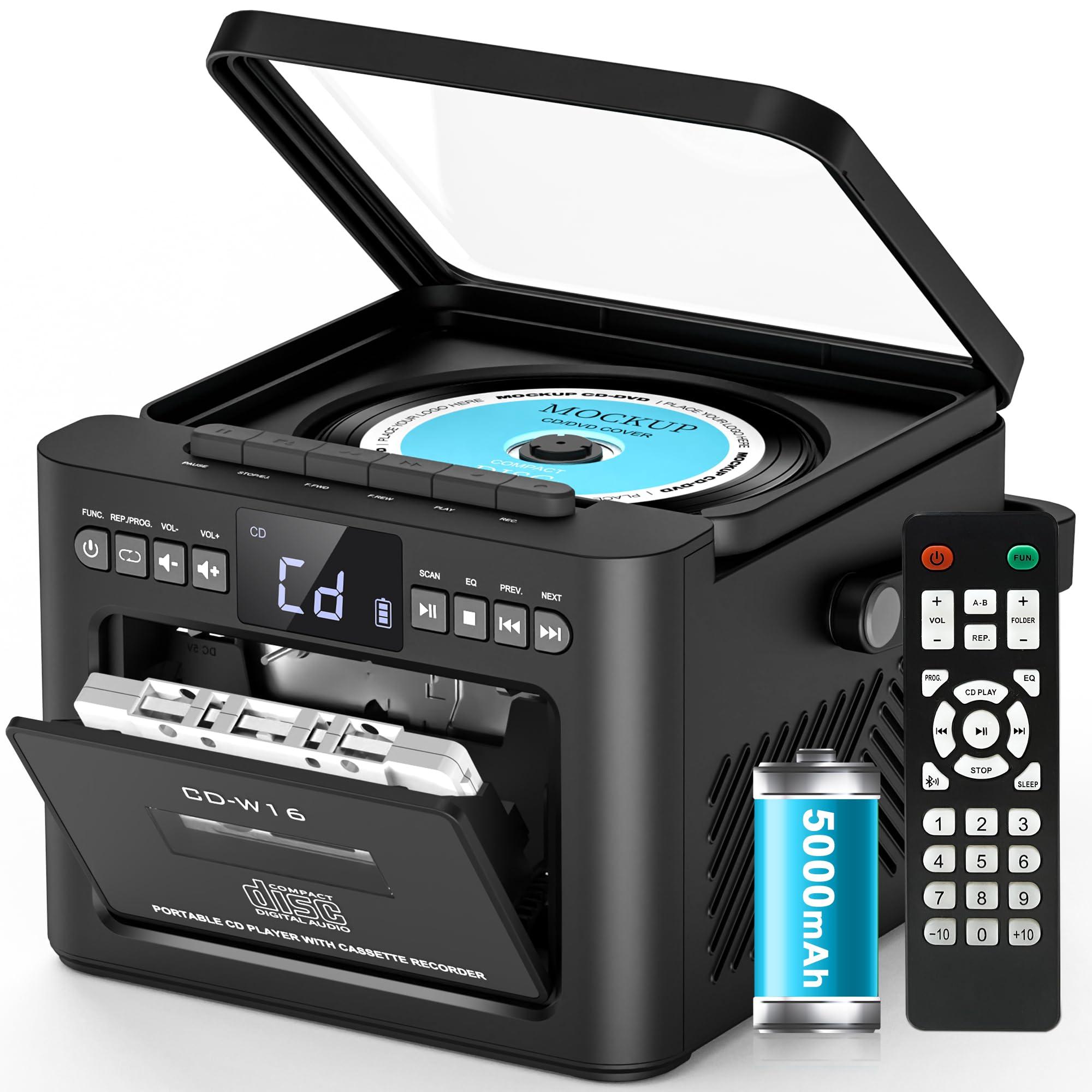 Greadio Greadio Boombox CD and Cassette Player Combo, 5000mAh Rechargable CD Player Boombox with Bluetooth Receive/Transmit/FM Radio/USB/TF/AUX/Remote Control, Boom Box CD Cassette Player for Home Outdoor