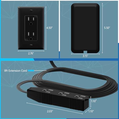 LIDER LIDER Flat-Face Outlet Extender with 3 Receptacles, Ultra-Thin Wall Plate Plug with Cord Extender and 3-Outlet Power Strip, 8ft Cord, LWE8-315-BK, Black