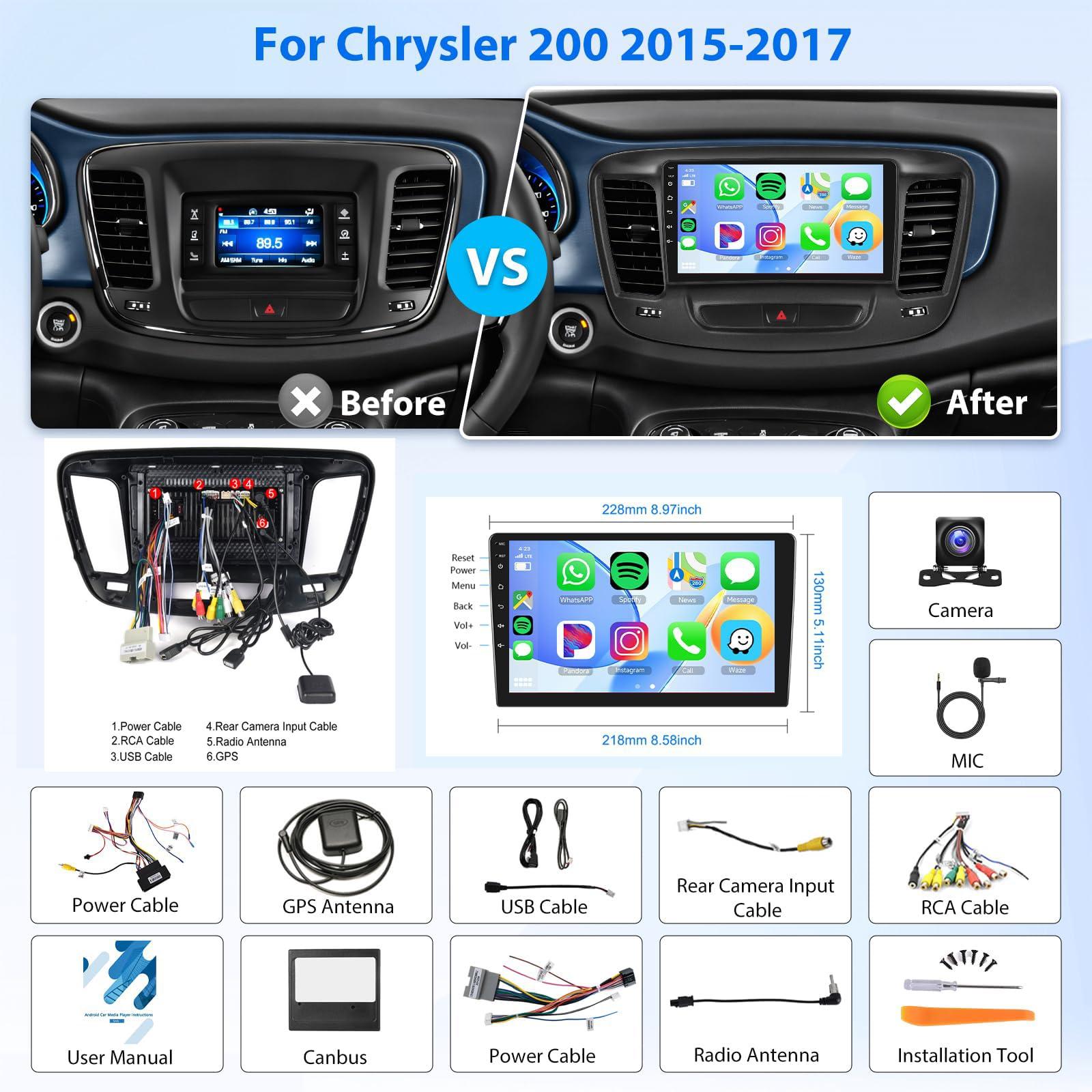 Rimoody 8 Core 4G+64G Android 13 Car Stereo Radio for Chrysler 200 200C 200S 2015-2019, Wireless Carplay Android Auto, Rimoody 9 Inch Touchscreen GPS 4G-WiFi DSP-36 Mirror Link 59-UI Themes BT FM Camera