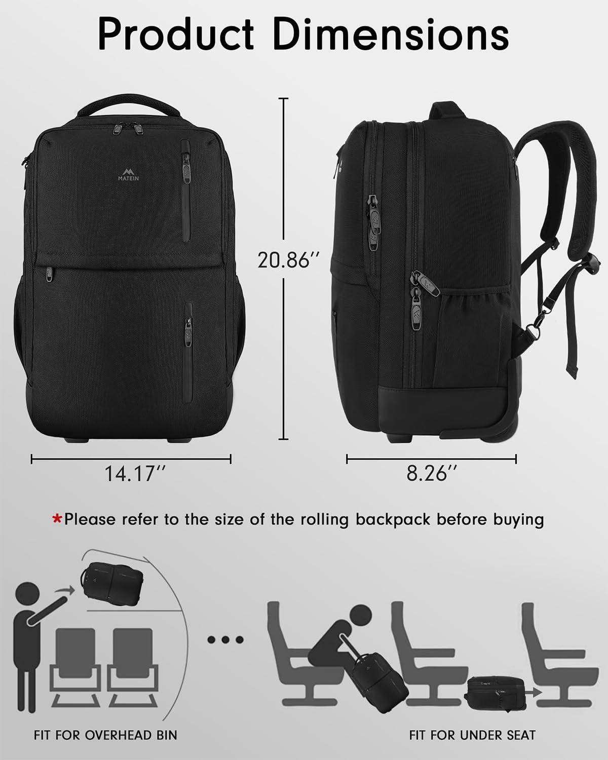 MATEIN MATEIN Carry on Backpack, Extra Large 40L Flight Approved Travel Laptop Backpack with USB Port,Rolling Backpack, 17 Inch Travel Laptop Backpacks with Wheels,