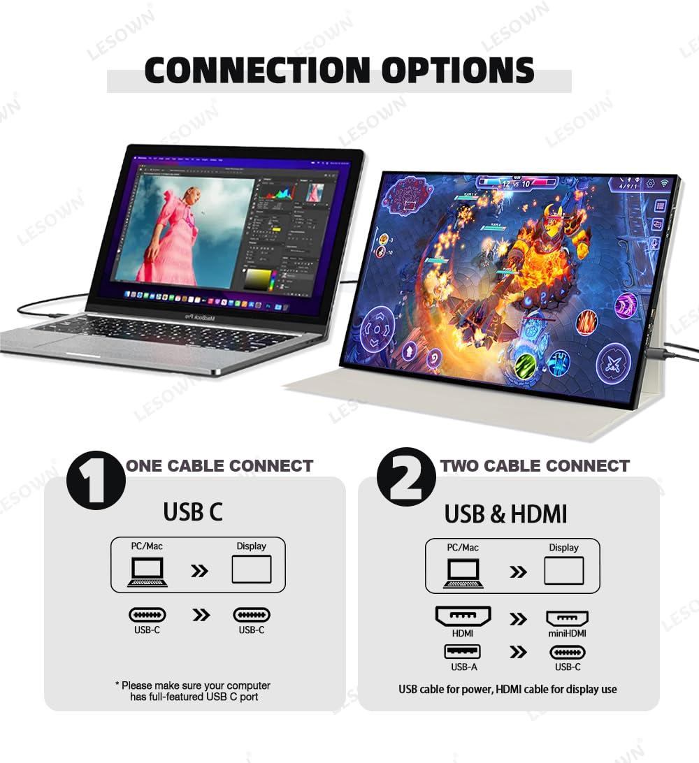 LESOWN LESOWN 18\" 1920x1200 Ultra Thin Portable Gaming Monitor Widescreen 100% sRGB 400Nits VESA USB-C External Display, Built-in Speakers (18\" 1200P 120Hz No Touch)