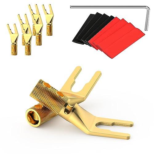 Tertullus Tertullus 8 Pcs Pure Copper Speaker Spade Connectors Y Plug Spade Speaker Wire Connectors 45 Degree Gold Plated Screw Locking Adapter Fork Spade Plugs for Speaker Wire DIY