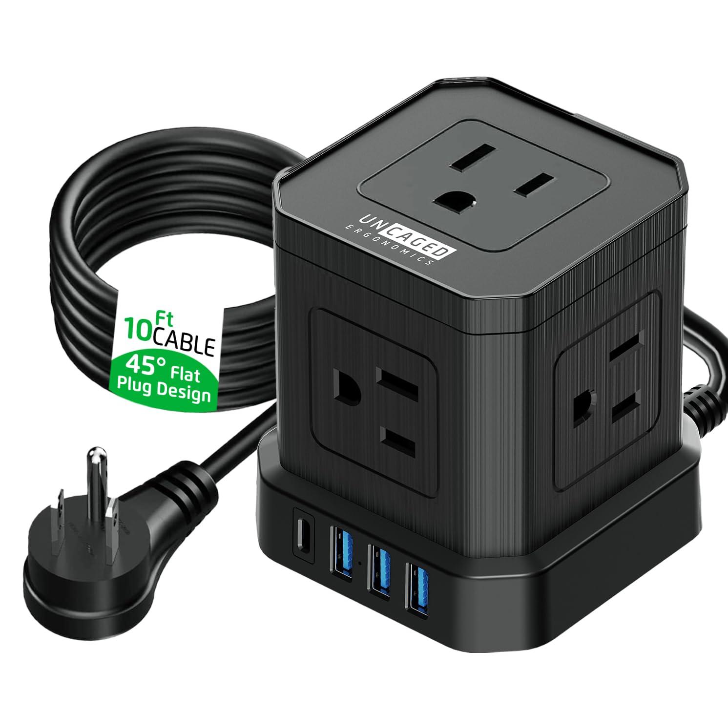 Uncaged Ergonomics Cube Power Strips with Surge Protection, 10ft Extension Cord with Multiple Outlets, 5 AC Plugs + 3 USB + 1 USB-C Fast Charging Power Strip with USB Ports, Mountable On/Off Switch Charging Station