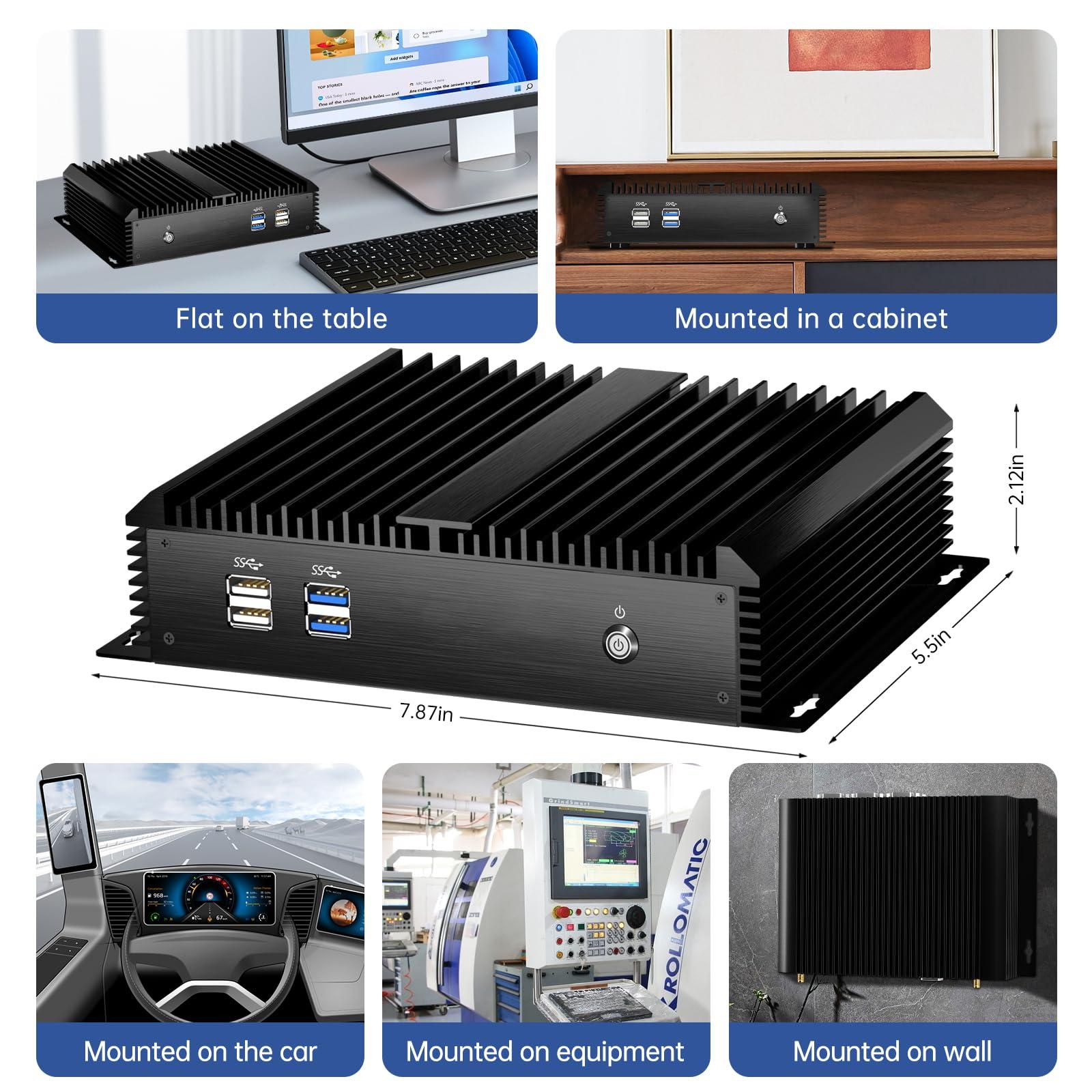 Kinupute Kinupute Fanless Industrial Mini PC, Desktop Computer Core i3-5005U 2.0GHz, Windows 10 Pro, 8G RAM, 128G SSD, 2xNICs, 2xCOM RS232, HDMI/VGA Port, WiFi, Auto Power On, Support 4G Module