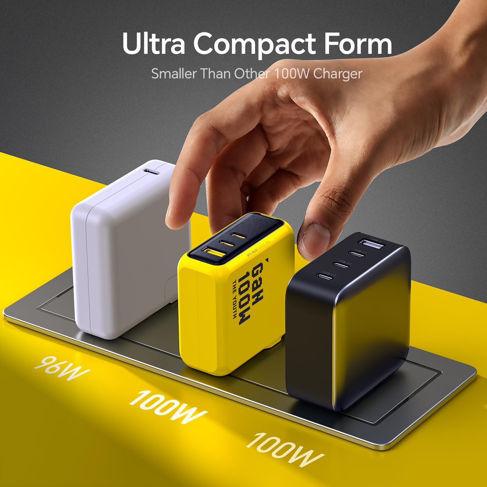 AOHI AOHI Youth 100W Gan+ USB C Wall Charger, 3-Port Laptop Fast Charger Type C Power Adapter PPS PD for MacBook Pro/Air, iPad Pro, iPhone 16/15 Pro Max, Galaxy S24 Ultra/Note, Pixel, Steam Deck, Yellow