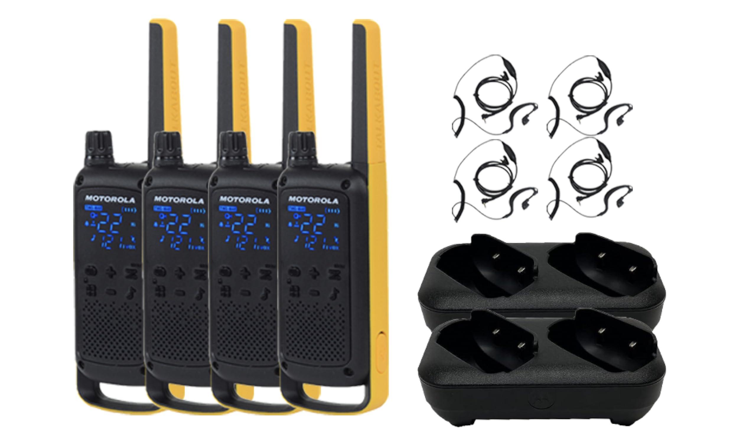 Motorola Solutions Motorola Talkabout T470 Two Way Radio 4-Pack Walkie Talkies Black/Yellow 22 Channels with PTT Earpieces Dual Chargers