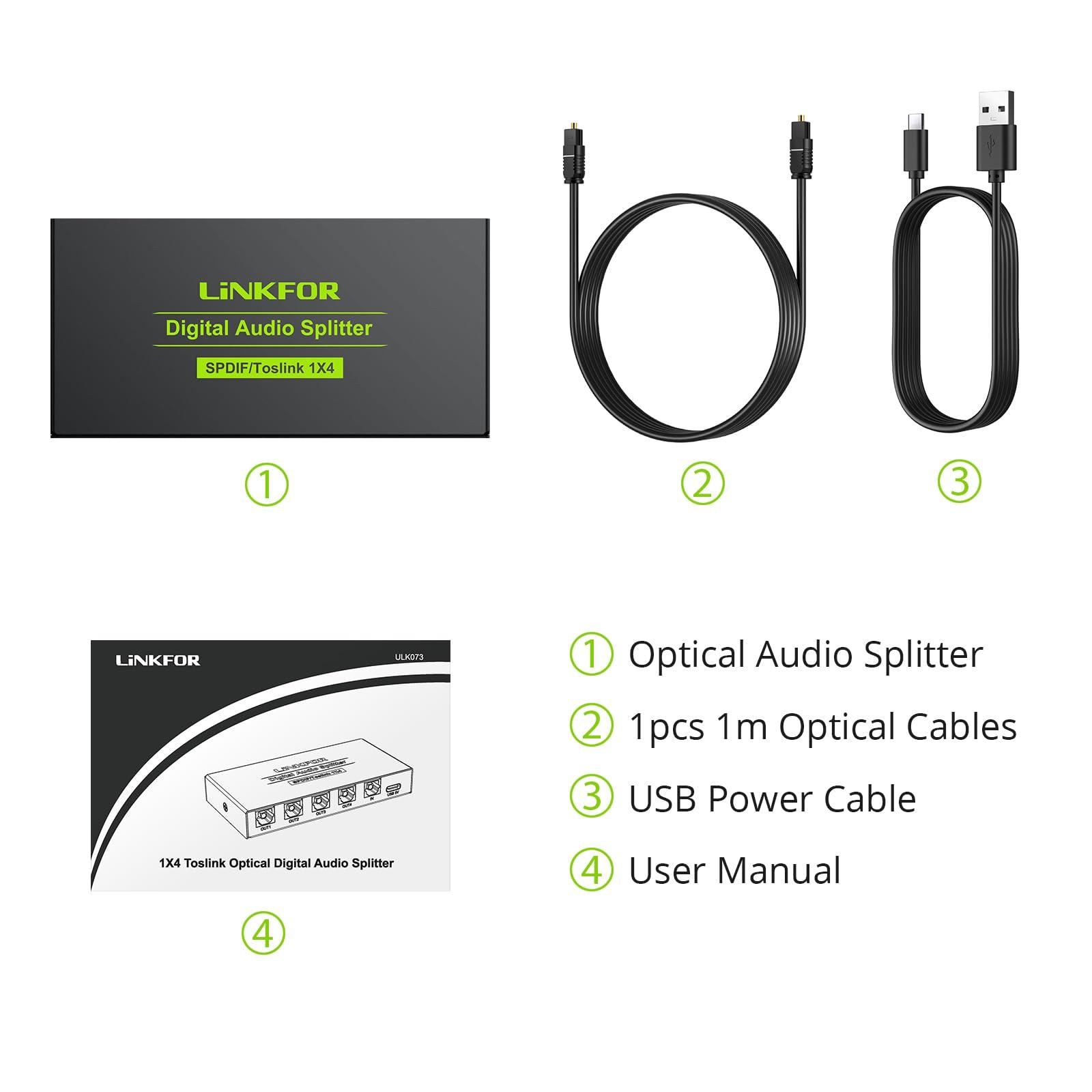 LiNKFOR LiNKFOR Digital Optical Audio 1x4 Splitter Digital SPDIF Toslink Optical Fiber Audio Splitter 1 in 4 Out Aluminum Alloy with Optical Cable for PS3 Blue-Ray DVD HDTV