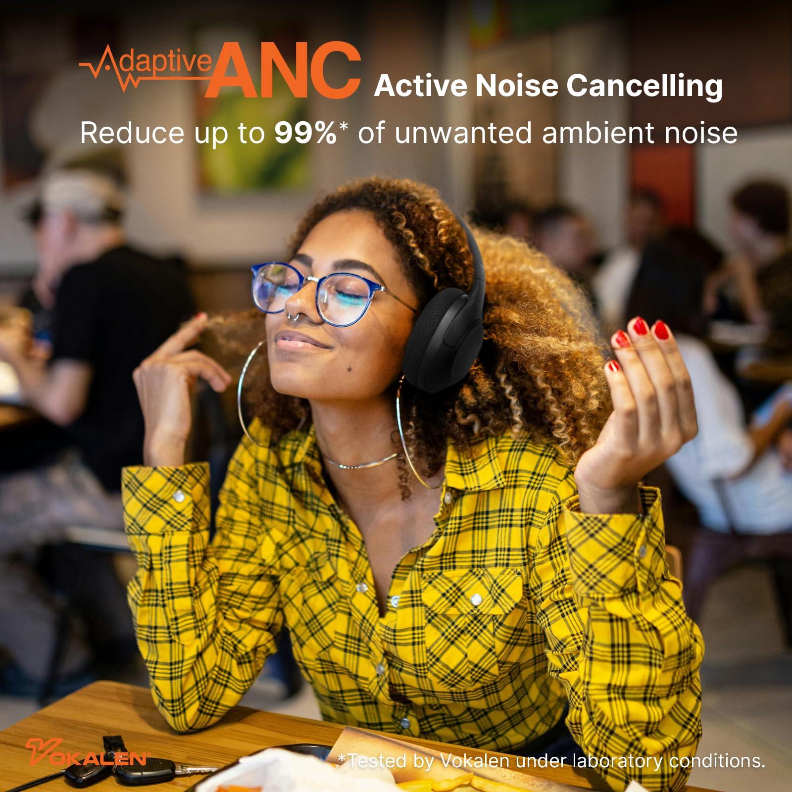 VOKALEN VOKALEN Hyper Pro Adaptive Active Noise Cancelling Headphones, Wireless Bluetooth Over Ear Headphones with mic, 60H Playtime, Comfort Mesh Ear Cushions, Deep Bass Hi-Res Audio, Custom EQ (Black)