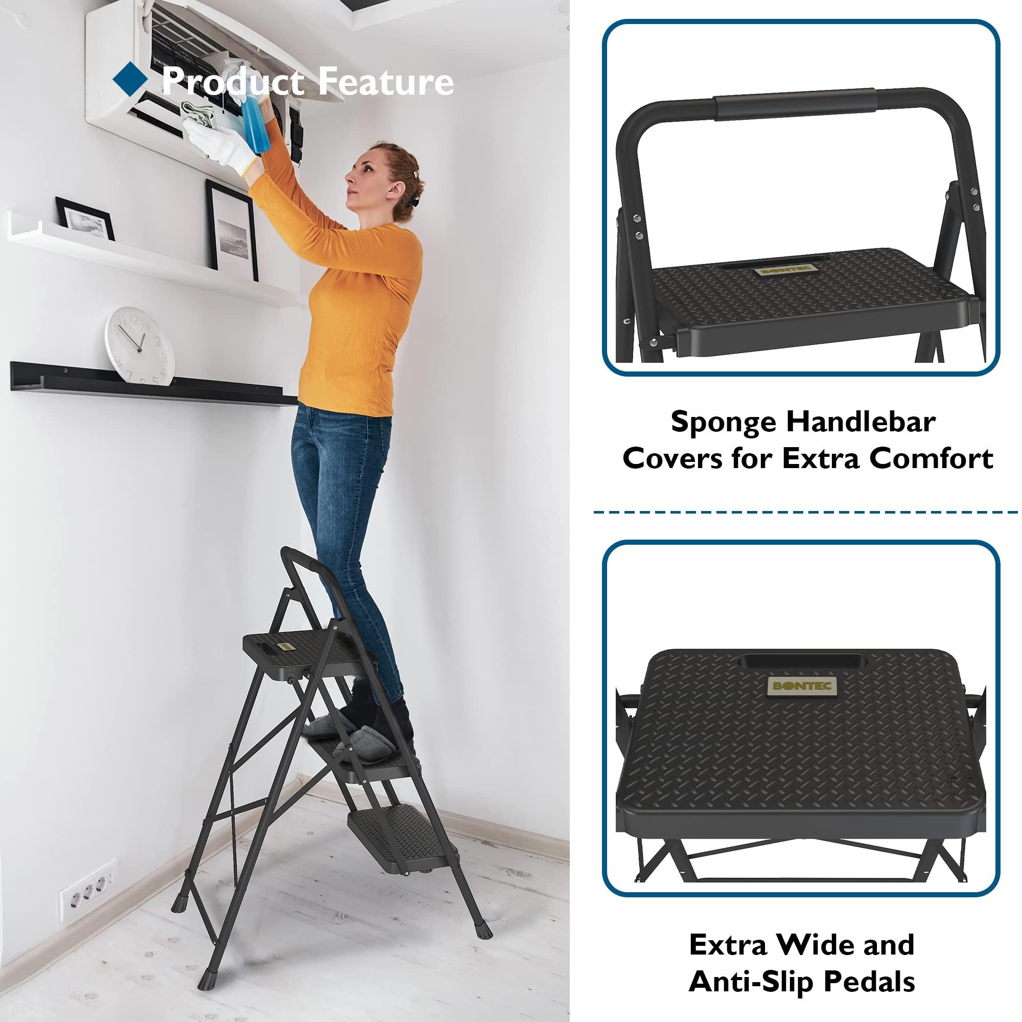BONTEC BONTEC 3-Step Ladder, Folding Step Stool with Wide Anti-Slip Pedals, Max Load Capacity 600lbs Sturdy Steel Ladder, Convenient Handgrip, Lightweight Portable Step Stool for Adults, Black
