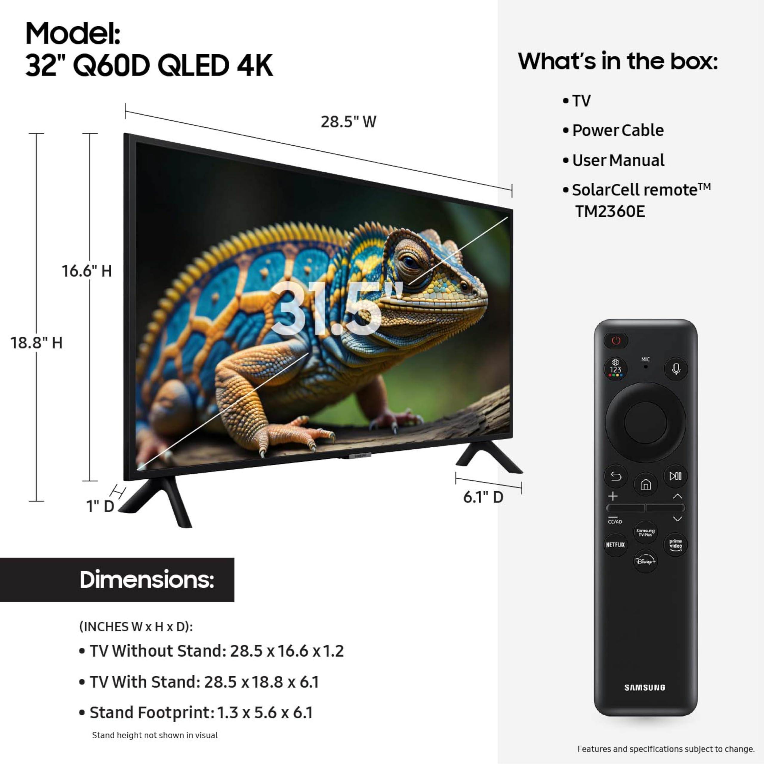 SAMSUNG SAMSUNG 32-Inch Class QLED 4K Q60D Series Quantum HDR Smart TV w/Object Tracking Sound Lite, Motion Xcelerator, Slim Design, Gaming Hub, Alexa Built-in (QN32Q60D, 2024 Model)