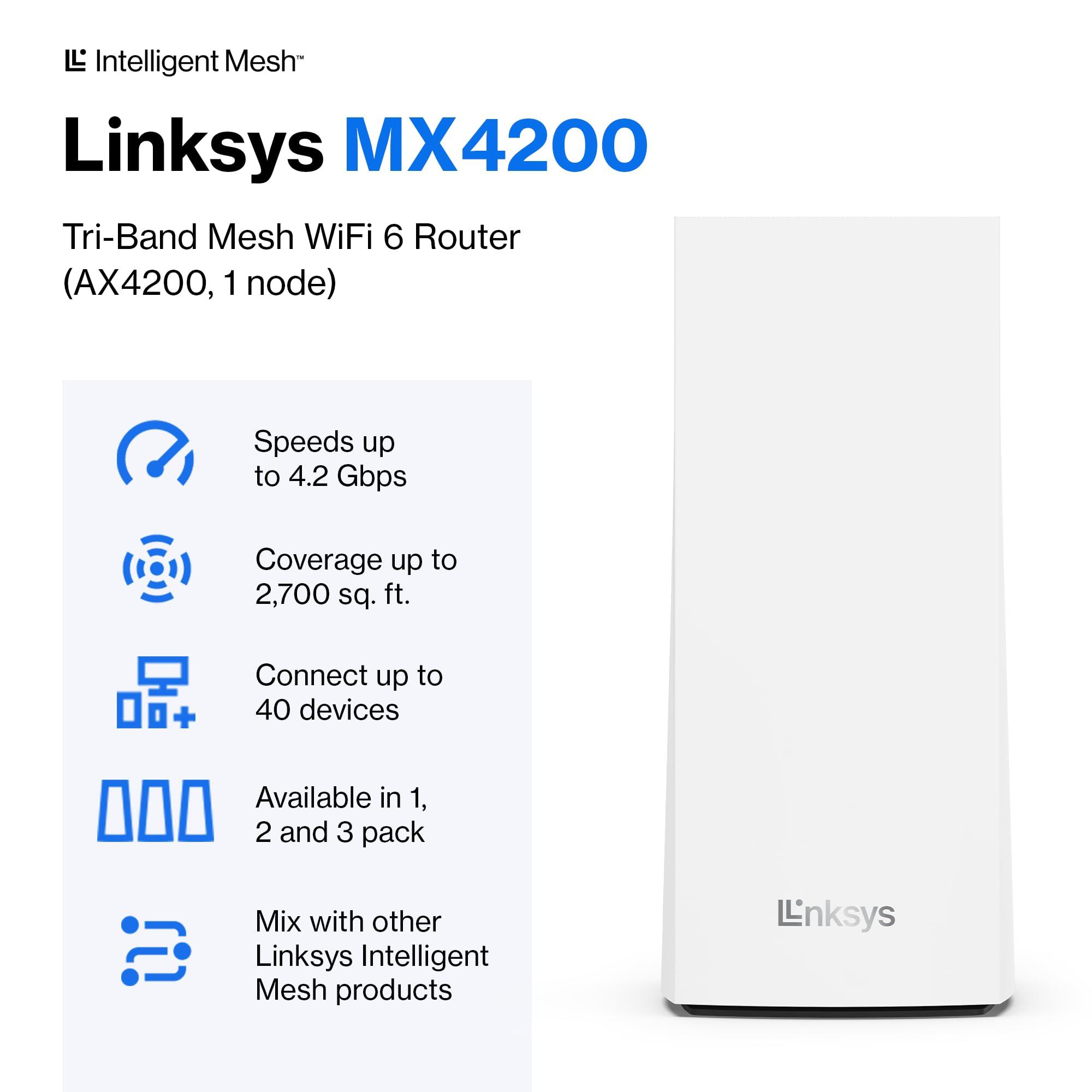 Linksys Linksys MX4200 Mesh WiFi Router - AX4200 WiFi 6 Router - Velop Tri-Band WiFi Mesh Router For Wireless Internet - Internet Router - Connect 40+ Devices, 2,700 Sq Ft, 1-Pk