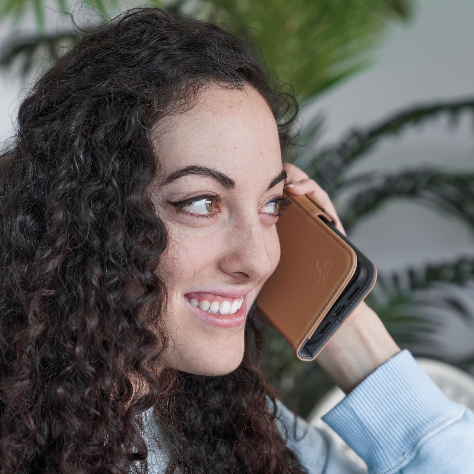 DefenderShield DefenderShield EMF Protection & 5G Anti Radiation iPhone 14 Plus Case - RFID Blocking EMF Shield Detachable Wallet Case with Magnetic Closure (Brown)