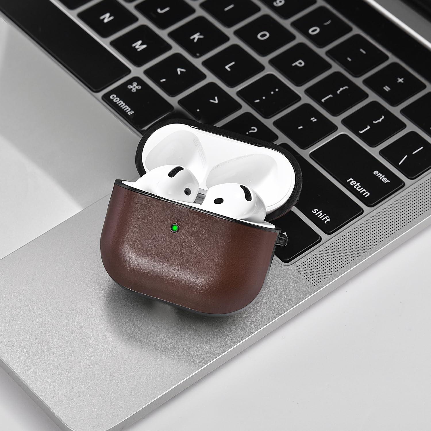 V-MORO V-MORO Compatible with Airpods 4 Case Cover Genuine Leather AirPod 4th Generation(2024) Case Men [Front LED Visible] iPod 4 Leather Hard Protective Covers Ear Skin Dark Brown