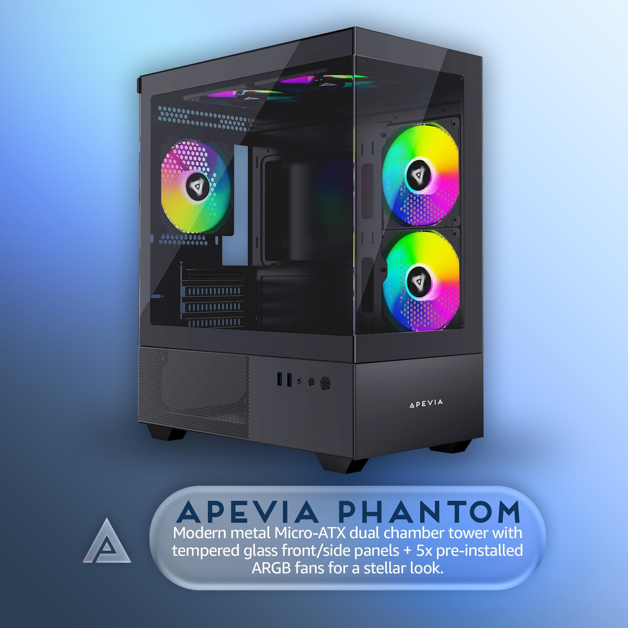 Apevia Apevia Phantom-BK Phantom Micro-ATX Dual-Chamber Gaming PC Case w/ 5X 120mm ARGB Fans, 366 RGB Modes, Dual Tempered Glass Panels, 240mm Radiator Support, 2X USB3.0, HD Audio Port, Black