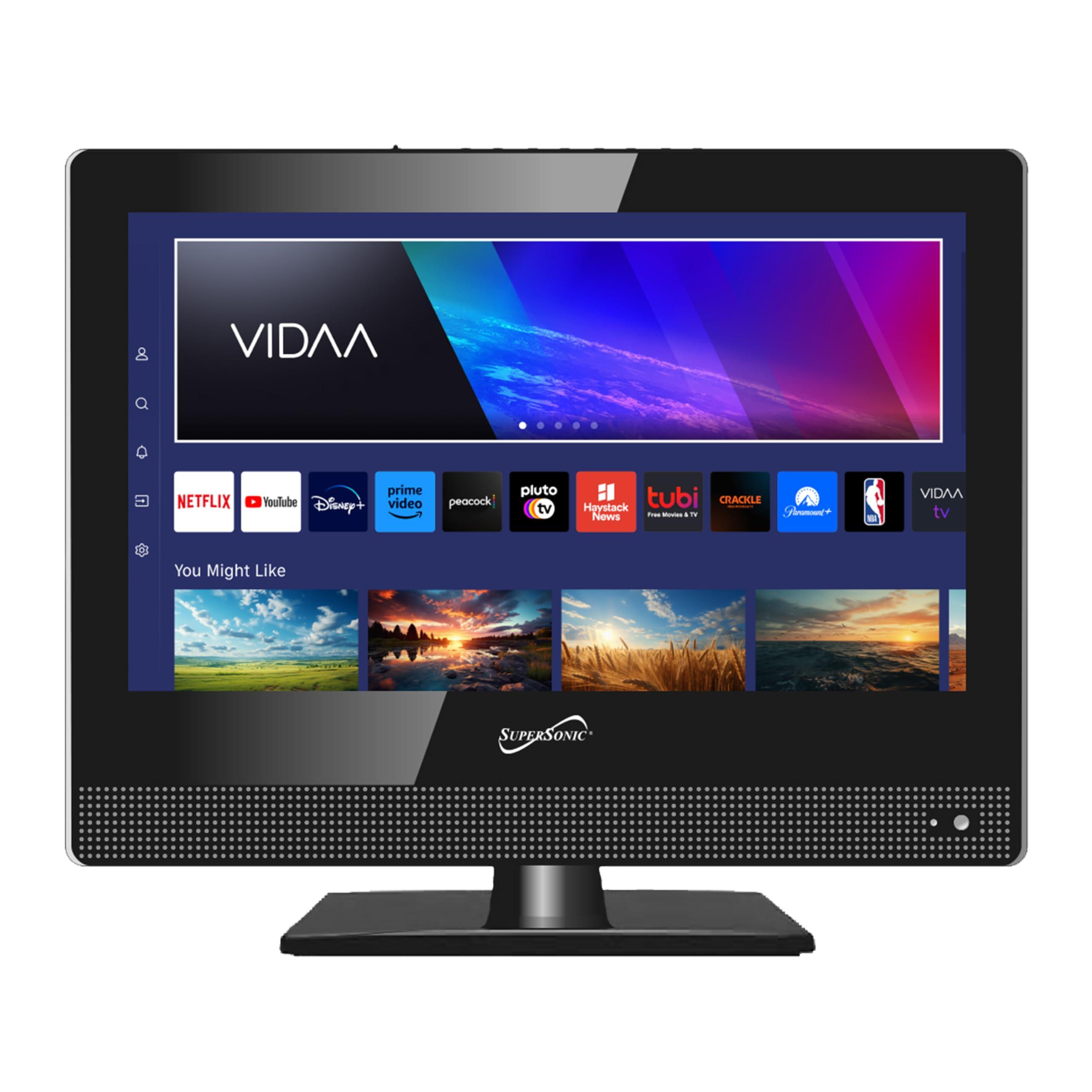 Supersonic Supersonic SC-1520VTV 15.6 inch Smart AC/DC LED TV, Powered by VIDAA, 1080p, WiFi, Built-in Speakers, USB, 3X HDMI ARC, For Kitchen, RV, Boat, Truck, Playroom, Room, Remote, DC Car Cord INCLUDED-Black